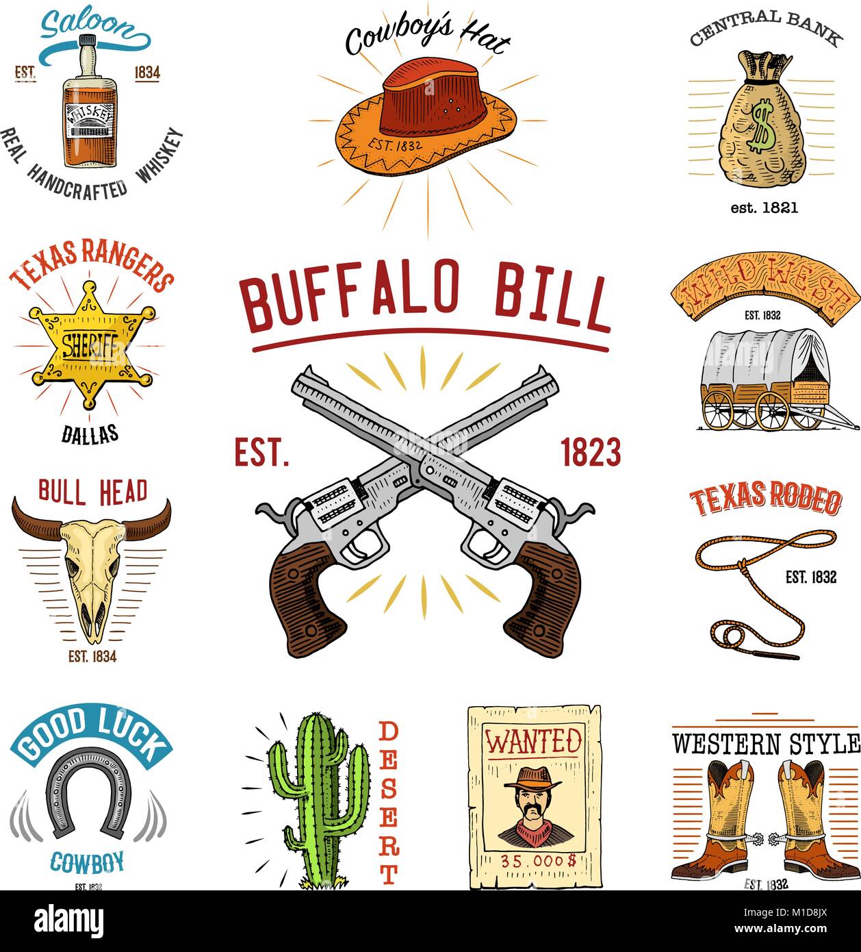 Jeu de Cowboy badges. Wild West, rodéo ou d'indiens avec lasso. hat et fusil, sheriff star, démarrer avec horseshoe. gravés à la main dans de vieux croquis ou et vintage style et des étiquettes pour impression. logo ou emblème. Illustration de Vecteur