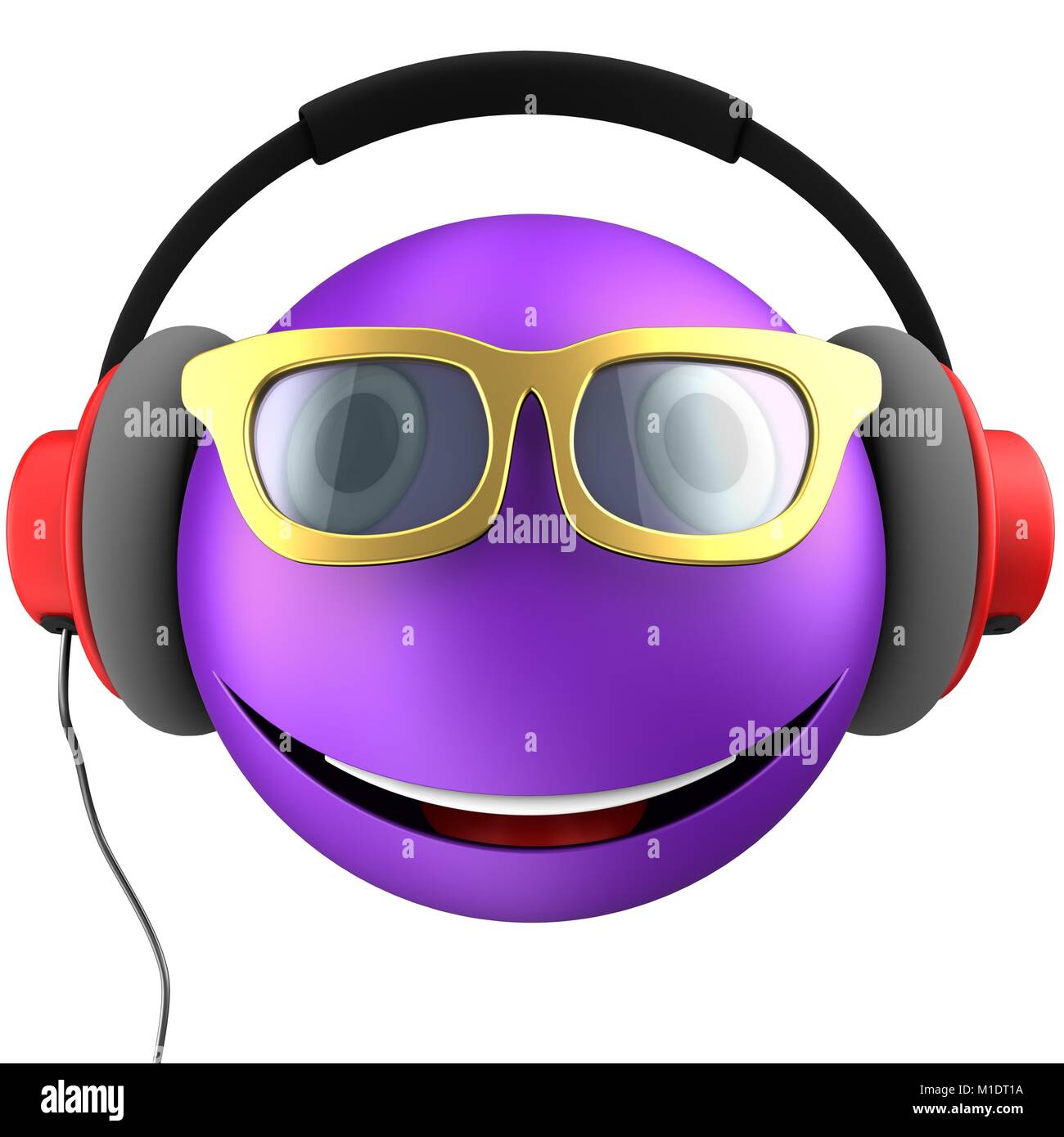 3d illustration de violet émoticône sourire avec casque rouge sur fond blanc Banque D'Images