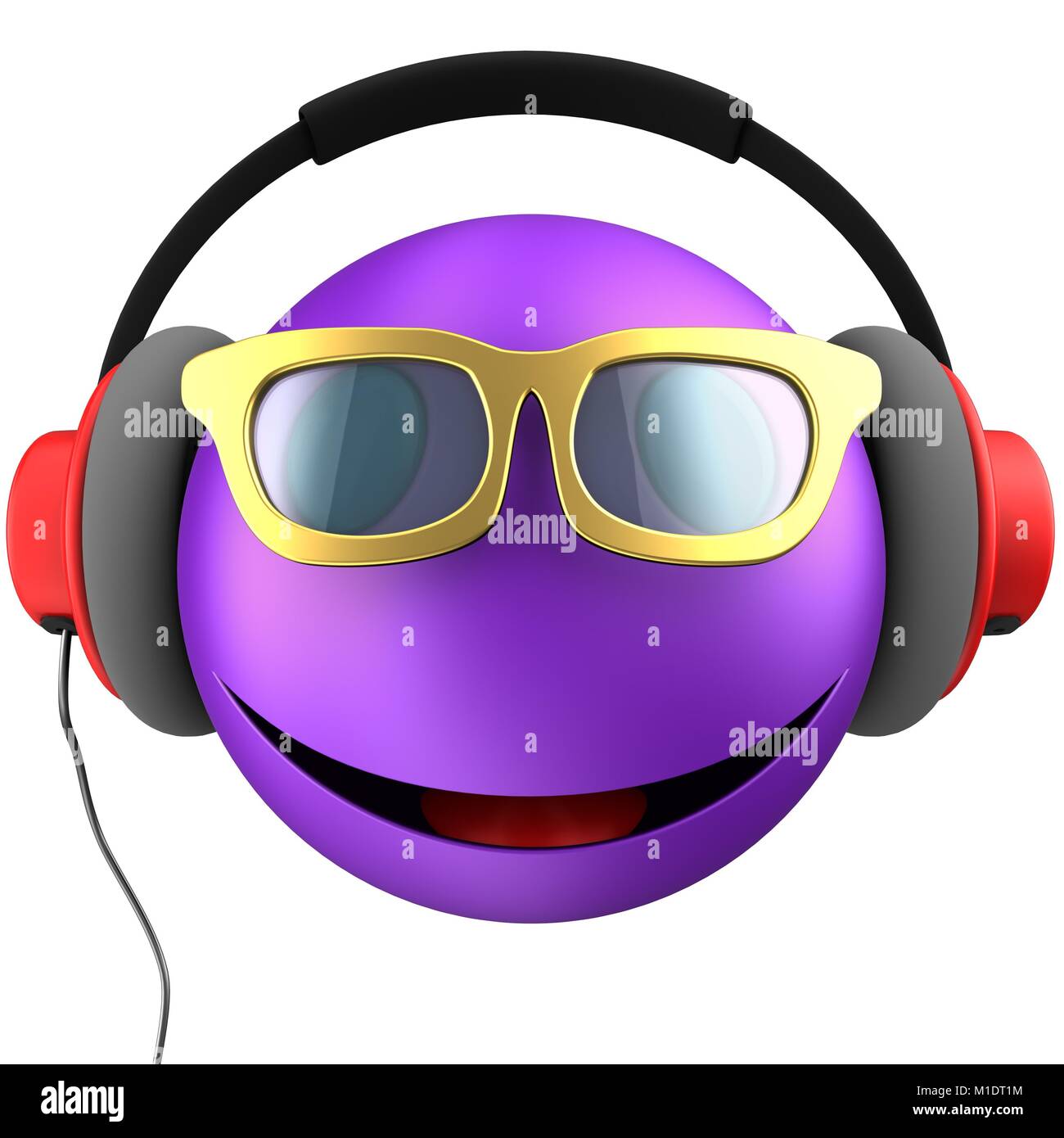 3d illustration de violet émoticône sourire avec casque rouge sur fond blanc Banque D'Images