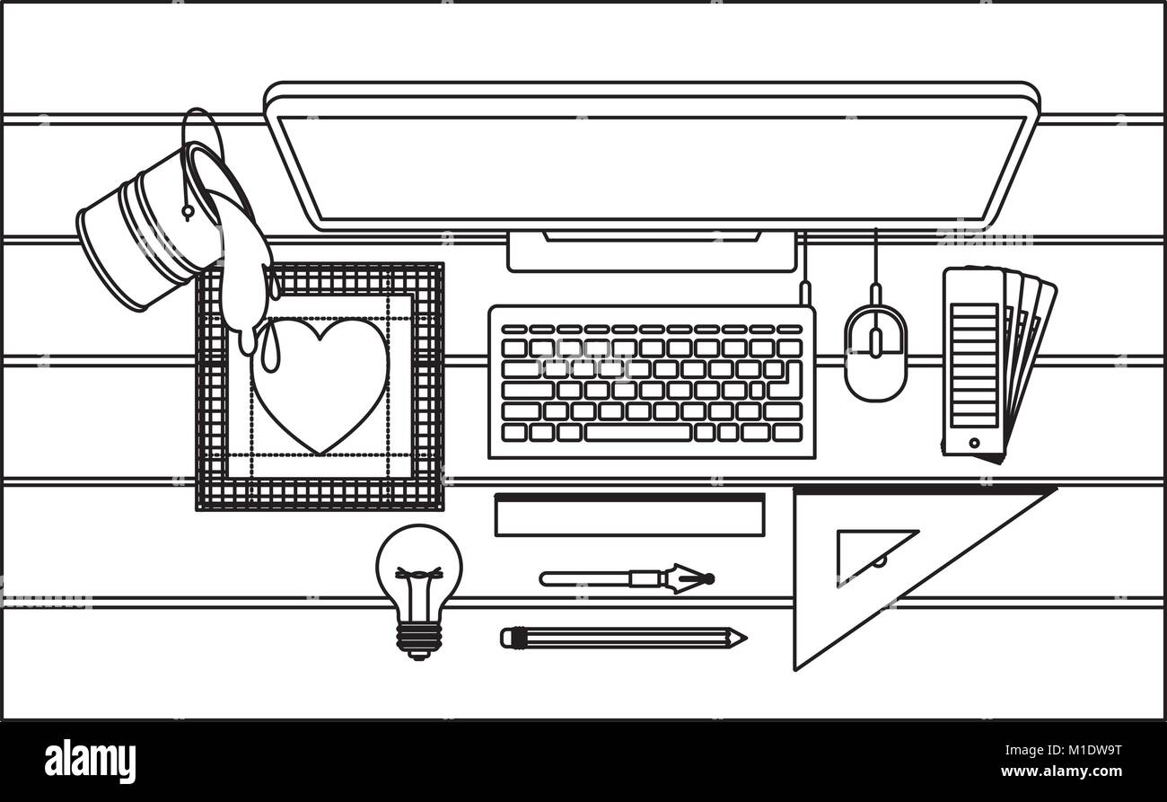 L Ordinateur De Bureau Et Plus De 24 Outils De Dessin Sur Vu De Dessus En Contour Noir Image Vectorielle Stock Alamy