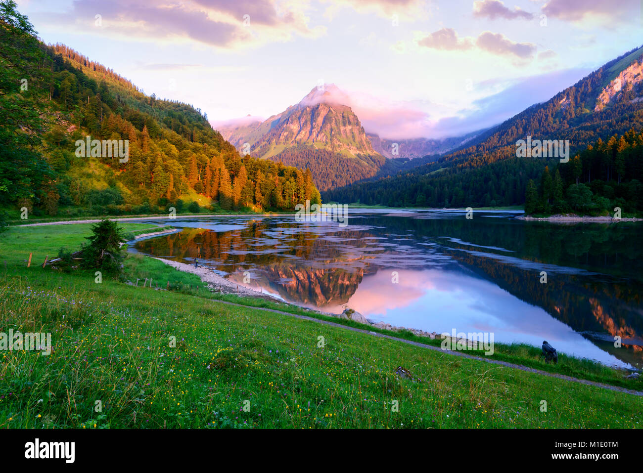 Amazing matin d'été sur le lac Obersee Suisse fantastique Banque D'Images