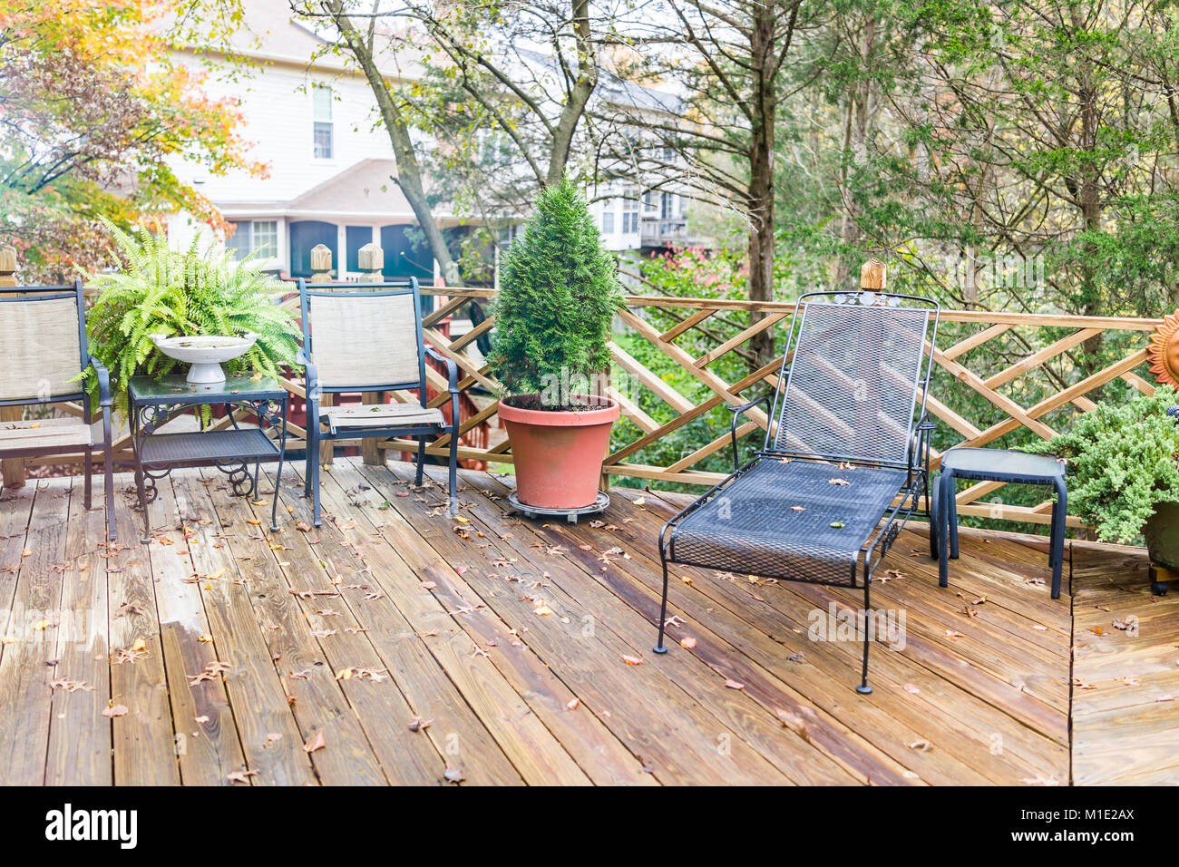 Gros plan du pont en bois de la maison avec de nombreuses plantes vertes, arbres, tables, chaises, temps couvert de pluie, décorations Banque D'Images