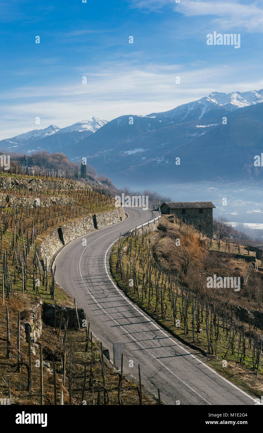 Routes zigzaguant en Valteline, une vallée près de Sondrio dans la région Lombardie en Italie du nord, en bordure de la Suisse Banque D'Images