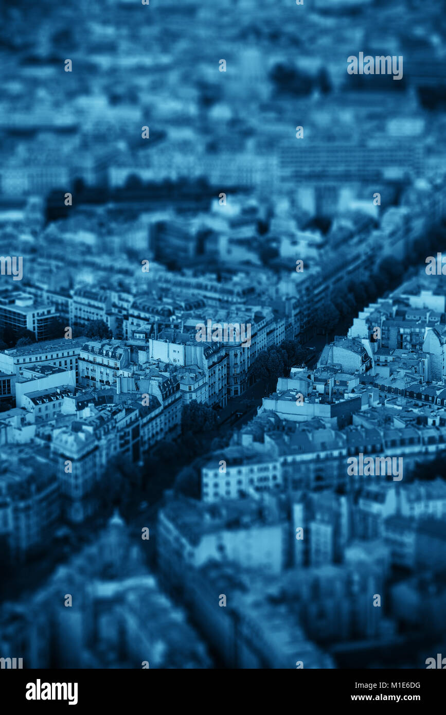 Rue de la ville de Paris vue sur le toit au coucher du soleil l'effet Tilt-shift en noir et blanc. Banque D'Images