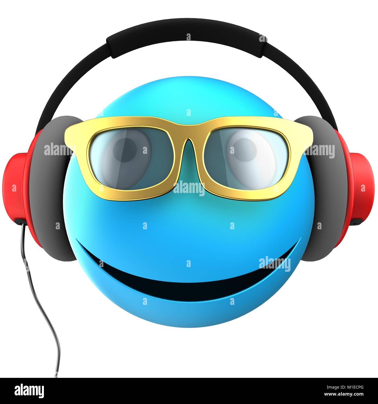 3d illustration d'émoticône bleu sourire avec casque rouge sur fond blanc Banque D'Images