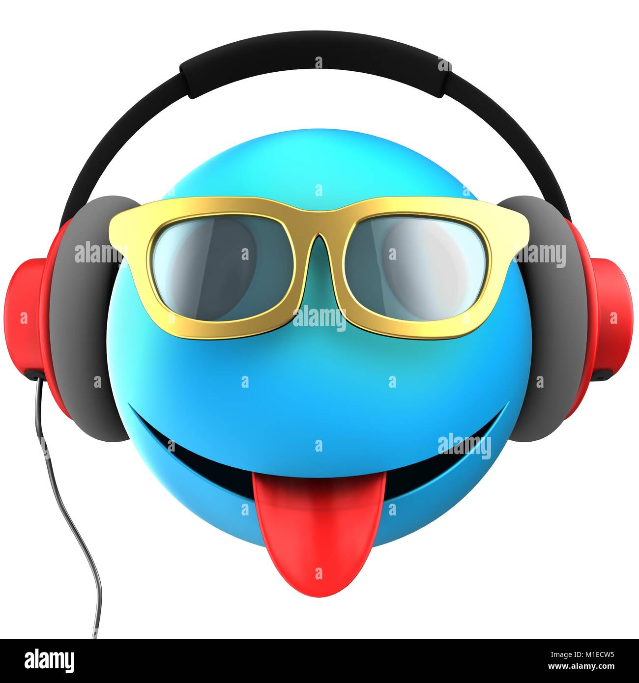 3d illustration d'émoticône bleu sourire avec casque rouge sur fond blanc Banque D'Images