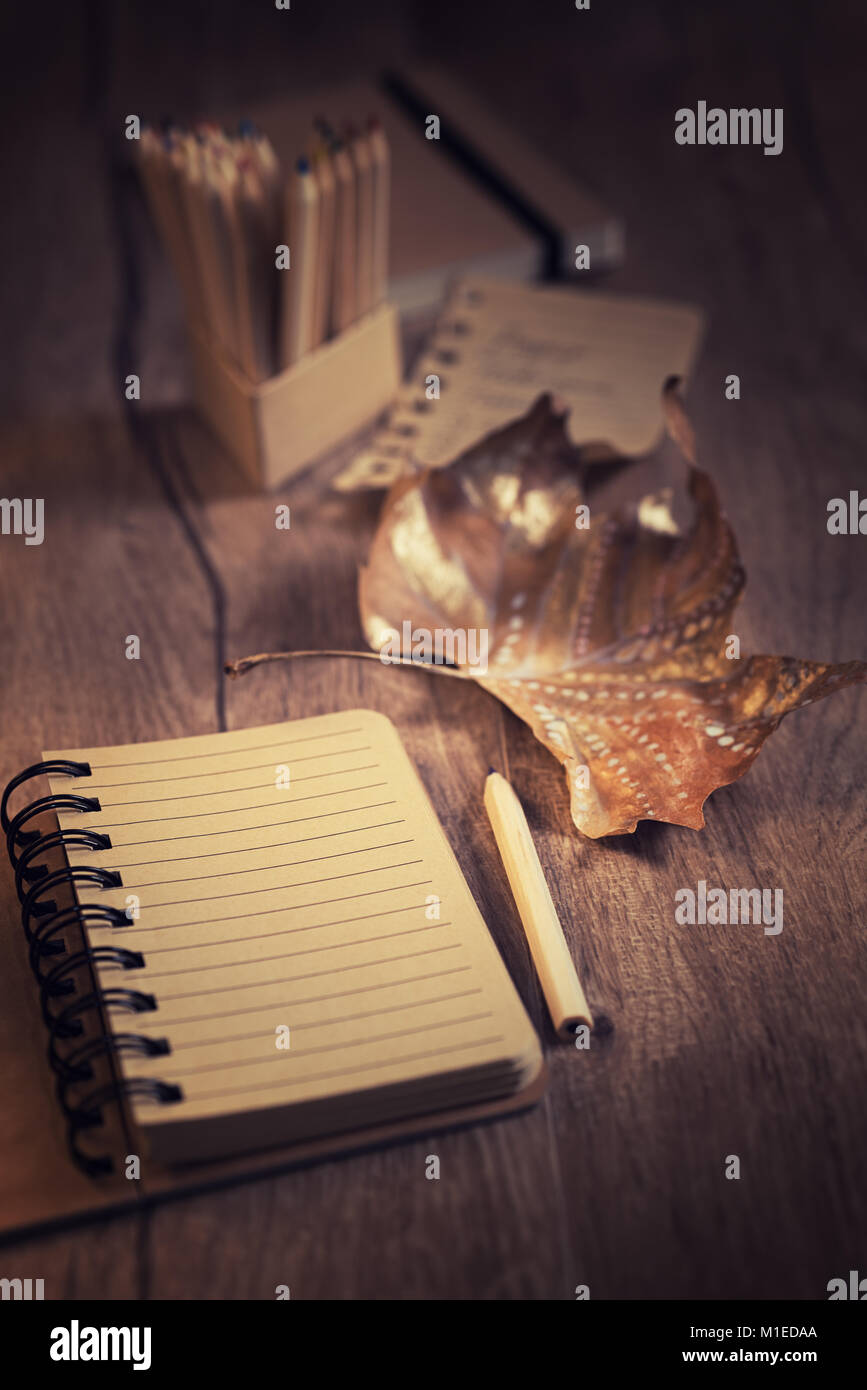 Ordinateur portable sur une table en bois blanc sur la cuisine avec wintage décorations d'automne. L'espace du texte. Shallow DOF, se concentrer sur la page. Cette image est tonique Banque D'Images