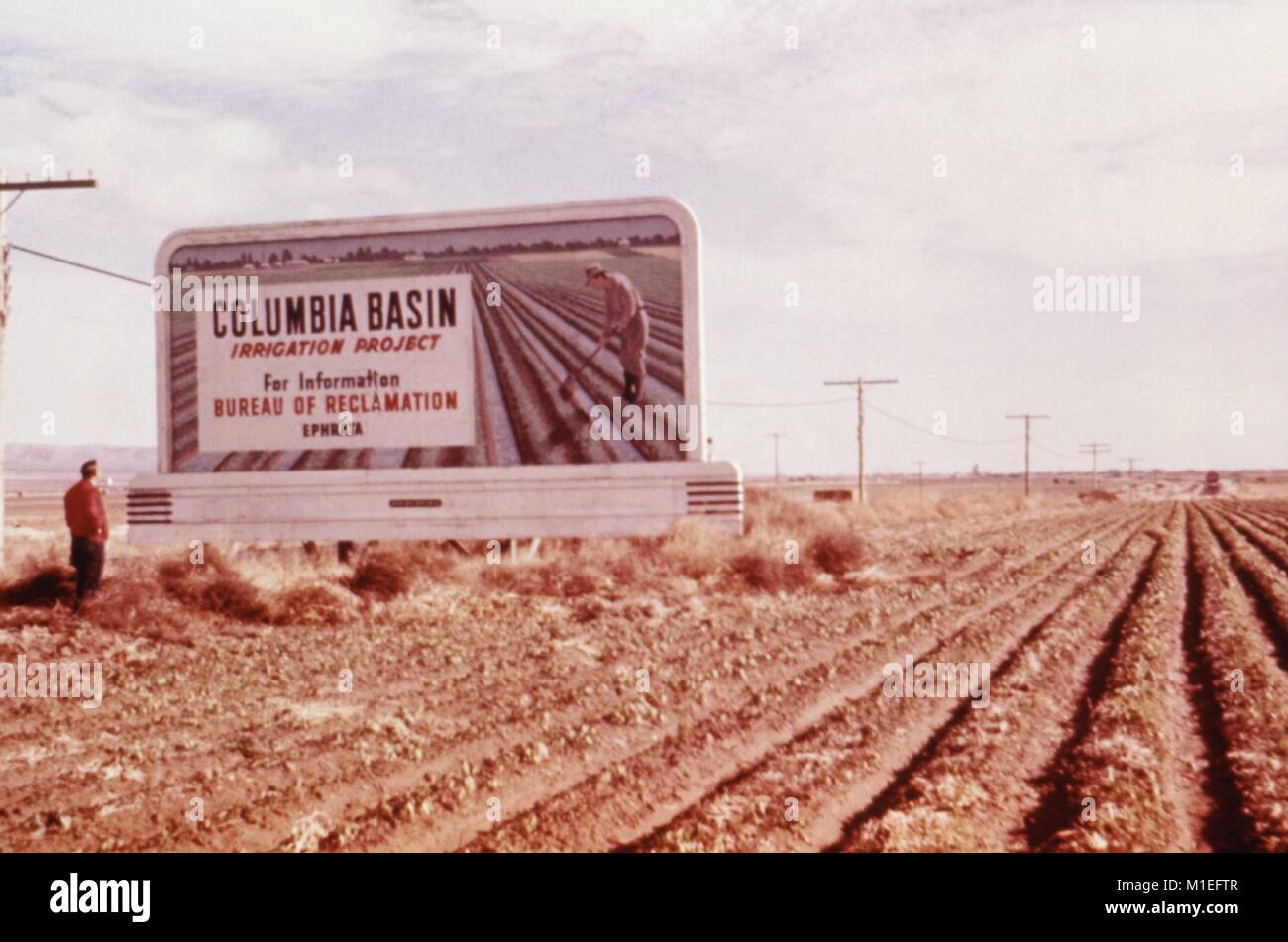Photographie montrant un panneau annonçant le projet d'irrigation dans le bassin du fleuve Columbia dans l'Oregon, situé sur un terrain à côté de lignes d'irrigation et d'un homme regardant, un site pertinent que d'autres bassins de reproduction des moustiques pour l'enquête du CDC de maladies transmises par vecteur, 1976. Image courtoisie CDC. () Banque D'Images Photographie montrant un panneau annonçant le projet d'irrigation dans le bassin du fleuve Columbia dans l'Oregon, situé sur un terrain à côté de lignes d'irrigation et d'un homme regardant, un site pertinent que d'autres bassins de reproduction des moustiques pour l'enquête du CDC de maladies transmises par vecteur, 1976. Image courtoisie CDC. () Banque D'Images