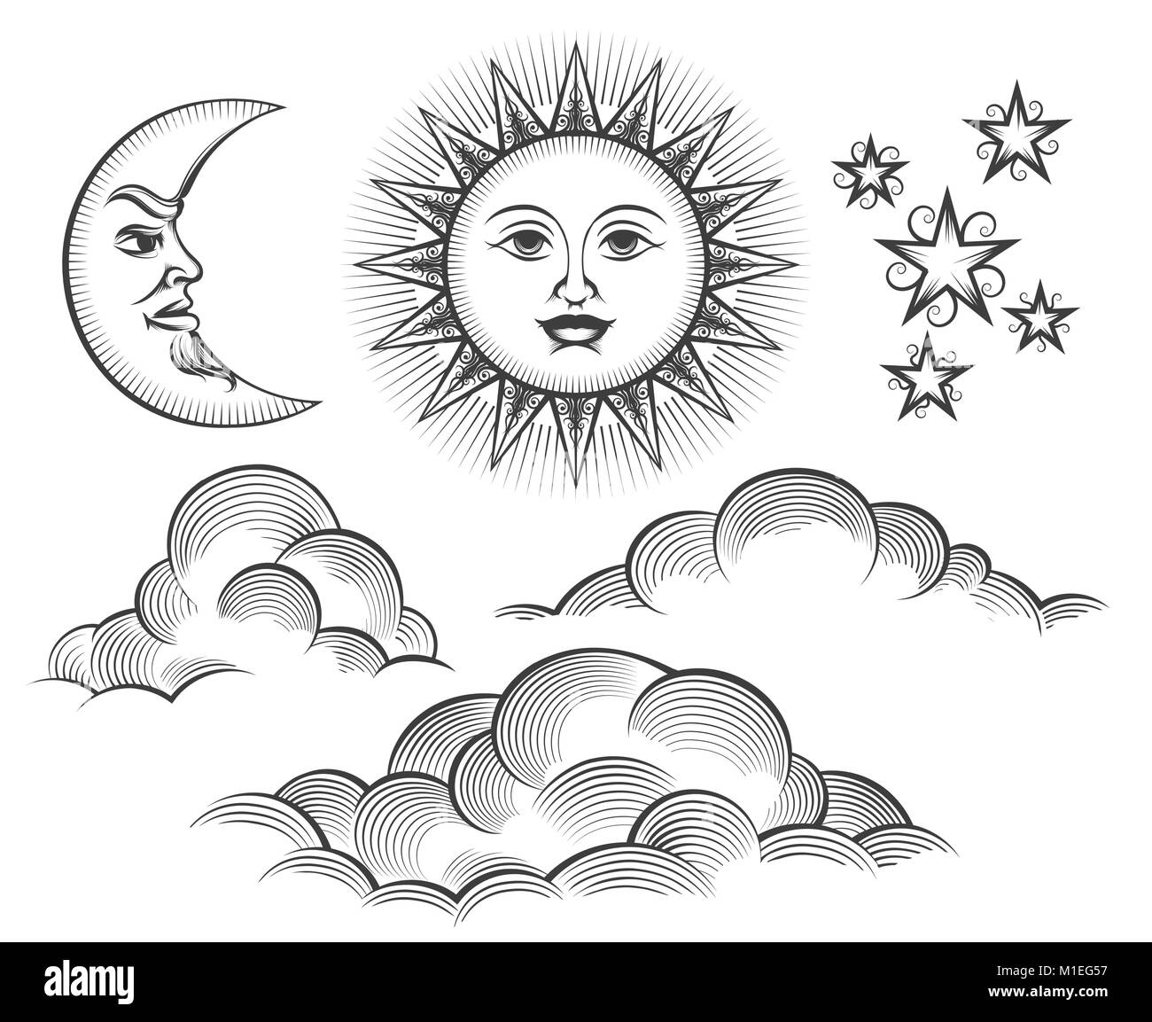 Le soleil, la lune et les nuages la gravure. L'éraflure ou rétro gravé la lune et le soleil visages célestes dans l'illustration vectorielle style vintage Illustration de Vecteur