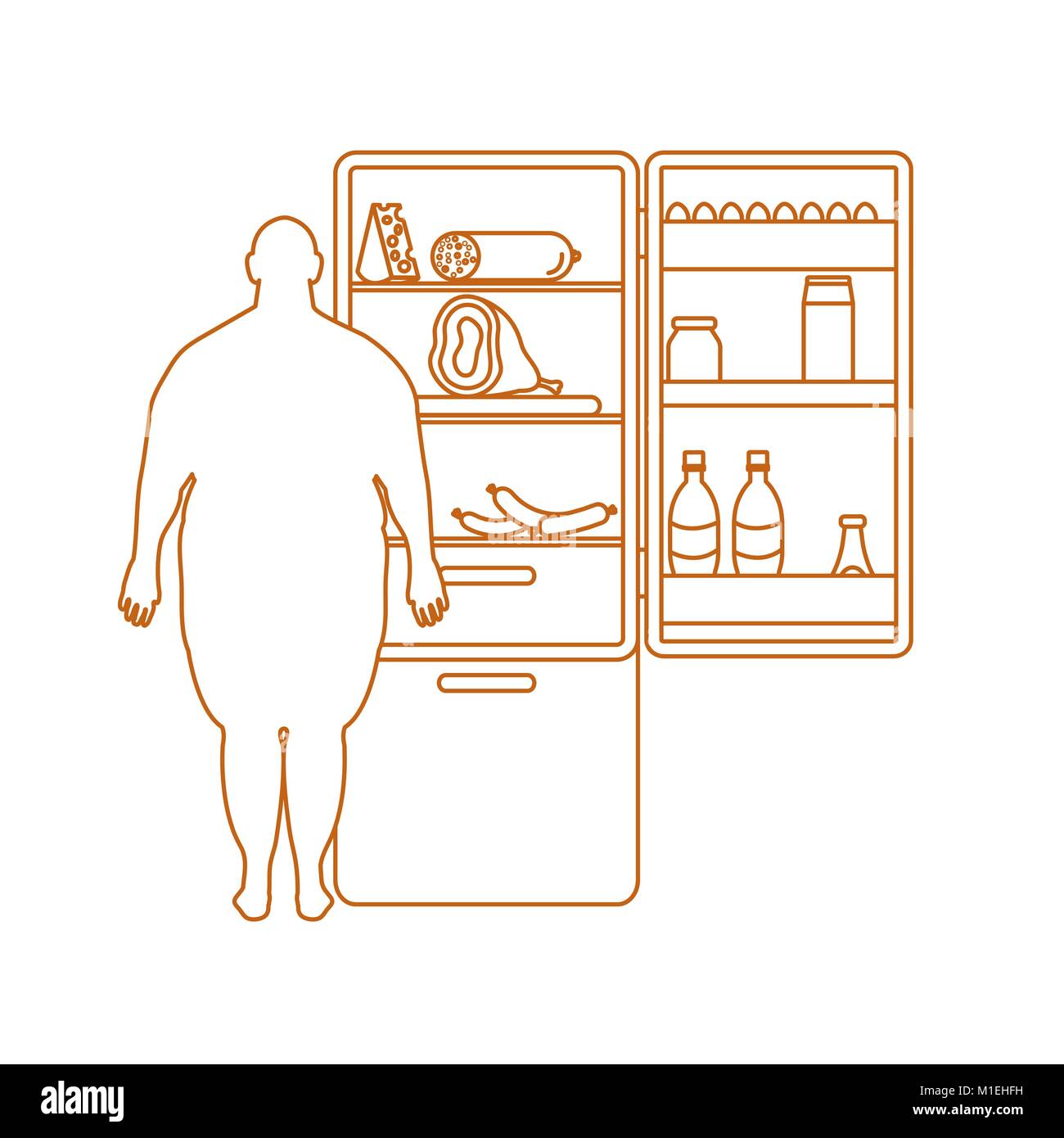 Fat Man est à l'un réfrigérateur plein de nourriture. Les habitudes alimentaires néfastes. Bannière pour la conception et l'impression. Illustration de Vecteur