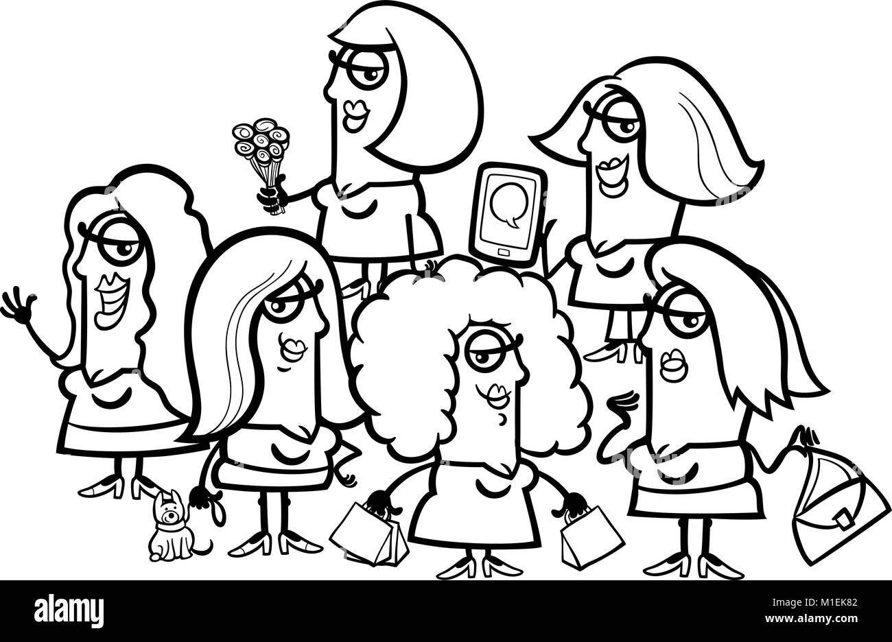 Illustration Cartoon noir et blanc de la Bande Dessinée Les Femmes Personnes Groupe Caractères Coloring Book Illustration de Vecteur