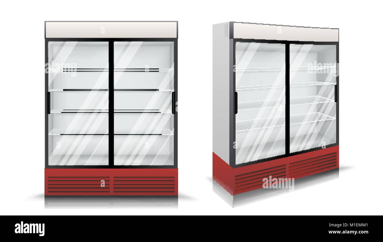 Réfrigérateur vecteur. Réfrigérateur avec deux portes coulissantes en verre. Illustration isolé Illustration de Vecteur