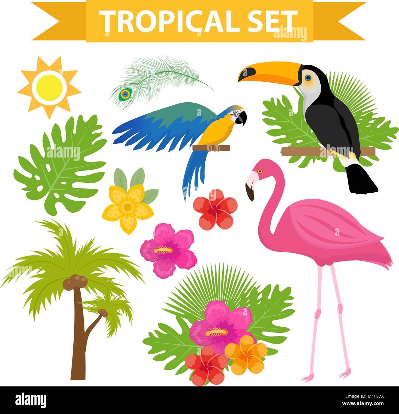 Icon Set Tropical Avec Oiseaux Et Fleurs Television Style Dessin Anime Collection Exotique De Elements De Conception Avec Toucan Perroquet Usine Flamant Rose Fleur Le Paradis Des Objets Vector Illustration Image Vectorielle