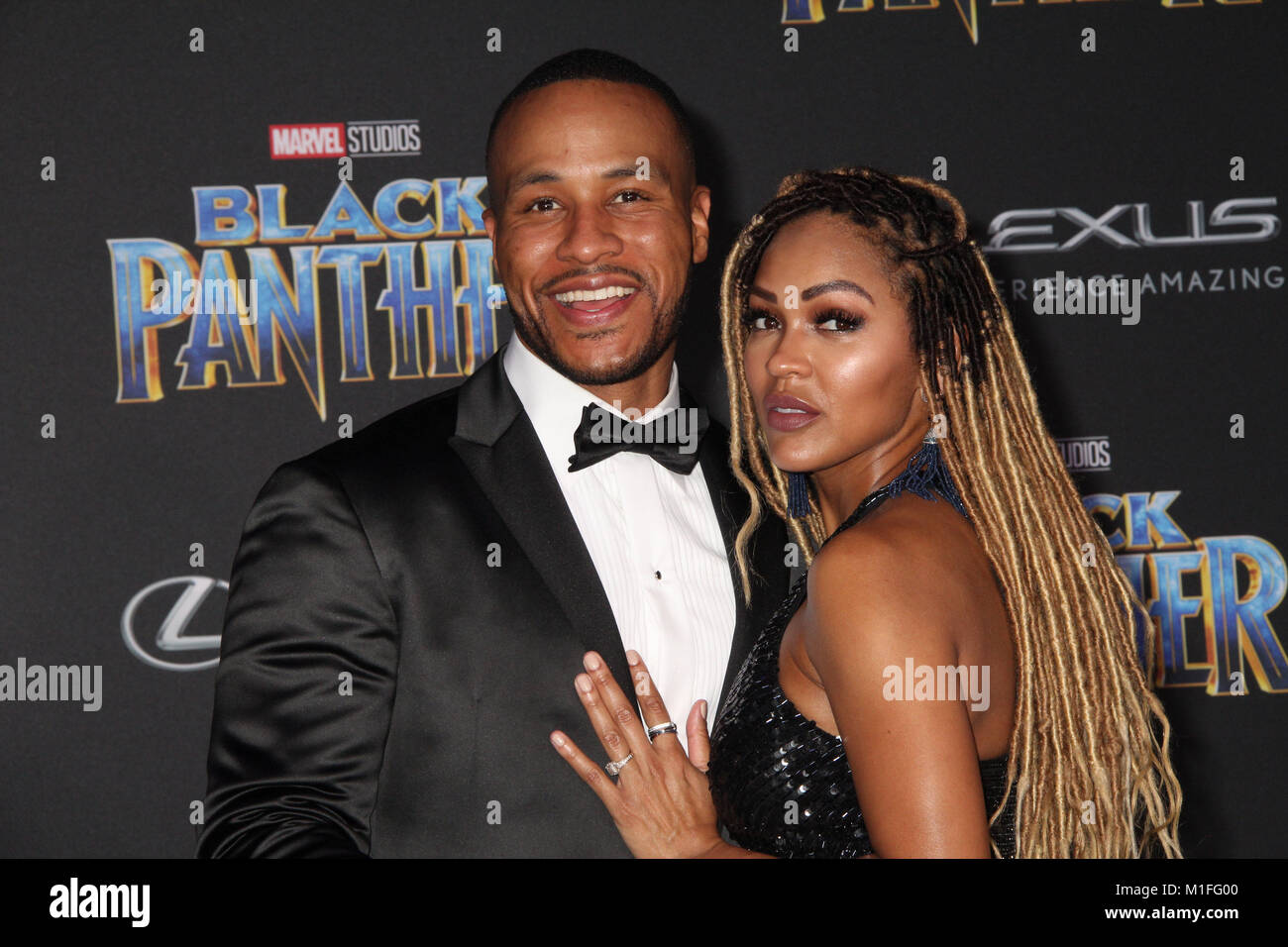 DeVon Franklin, Megan Bon 01/29/2018 La première mondiale de 'Black Panther' tenue à l'Dolby Theatre de Los Angeles, CA Photo par Izumi Hasegawa / HollywoodNewsWire.co Banque D'Images
