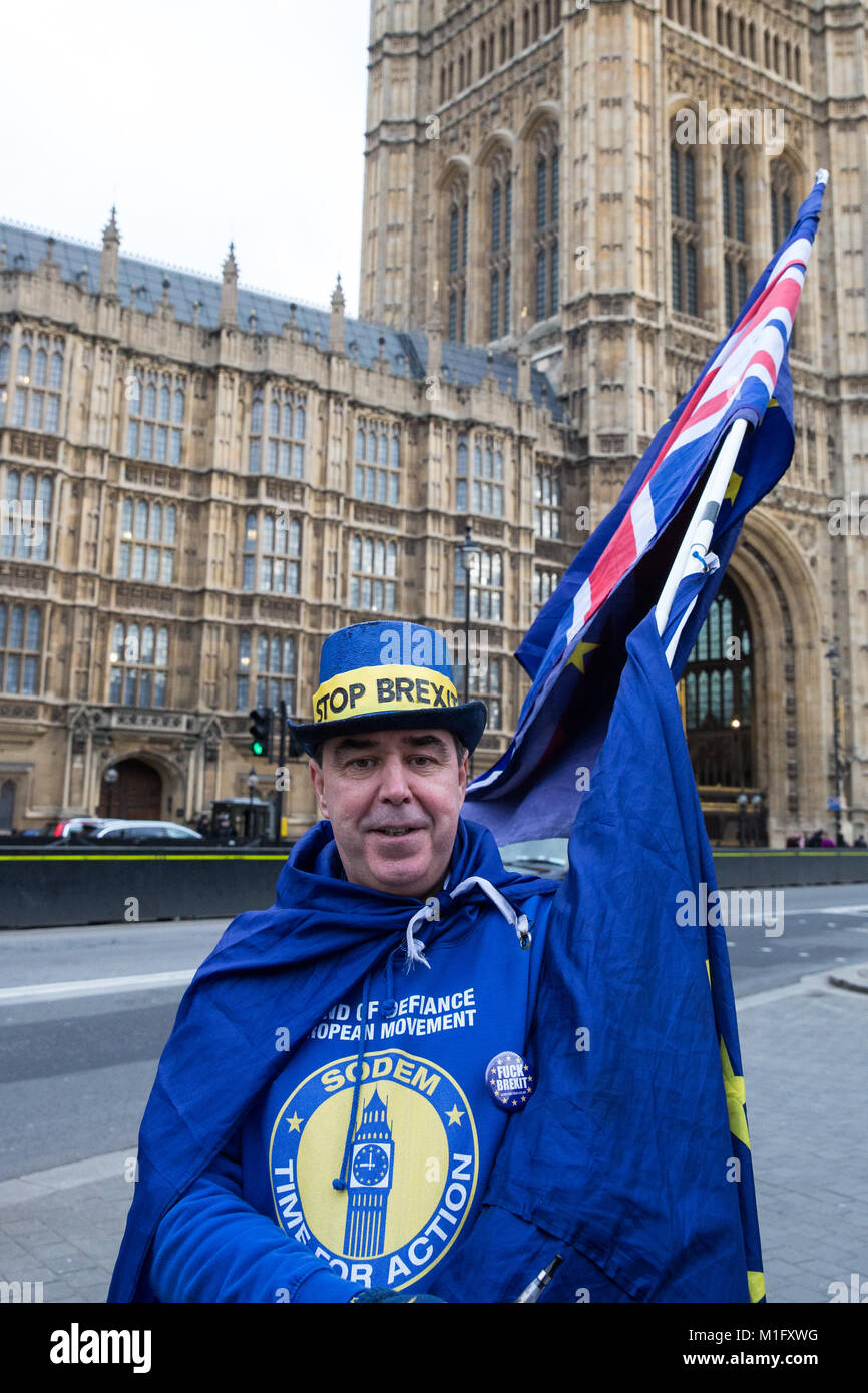 Londres, Royaume-Uni. 30Th Jan, 2018. Steven Bray de SODEM (Stand de Défi Mouvement européen) est l'Union européenne détenant de drapeaux et d'Union Jacks à l'extérieur du Parlement. Credit : Mark Kerrison/Alamy Live News Banque D'Images