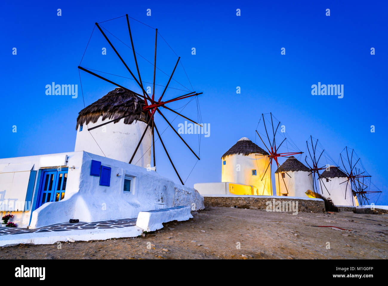 Mykonos, Grèce. Kato Mili sont célèbre moulin de l'île grecque de l'îles des Cyclades, de Mikonos. Banque D'Images