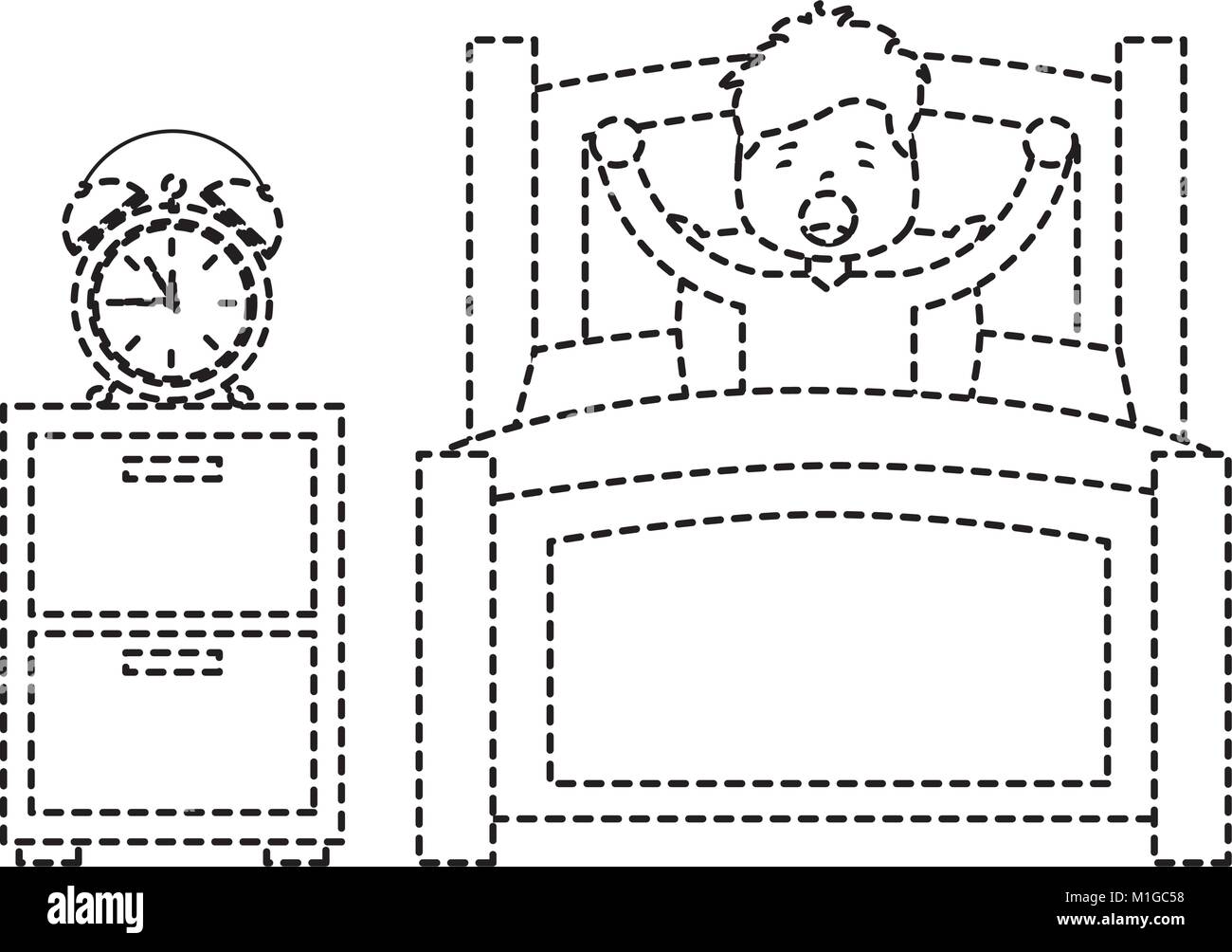 Garçon service d'étirement de lit en bois avec table de chevet réveil Illustration de Vecteur