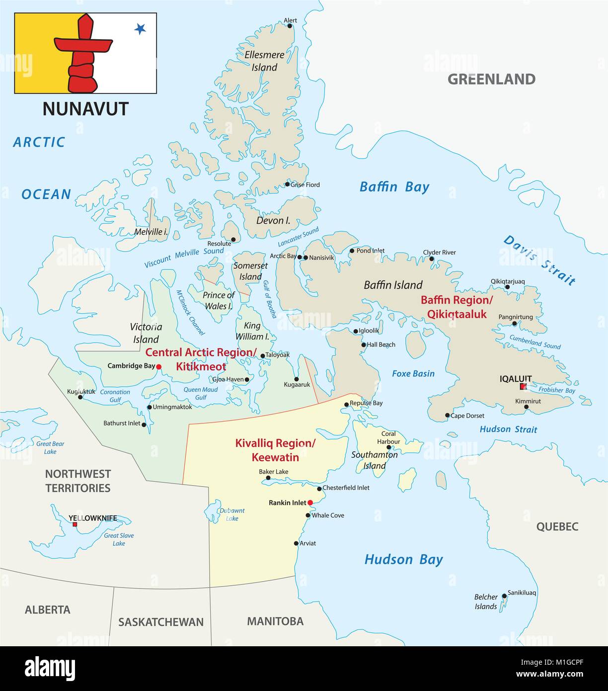 Administratif et politique du Nunavut carte vectorielle avec drapeau Illustration de Vecteur