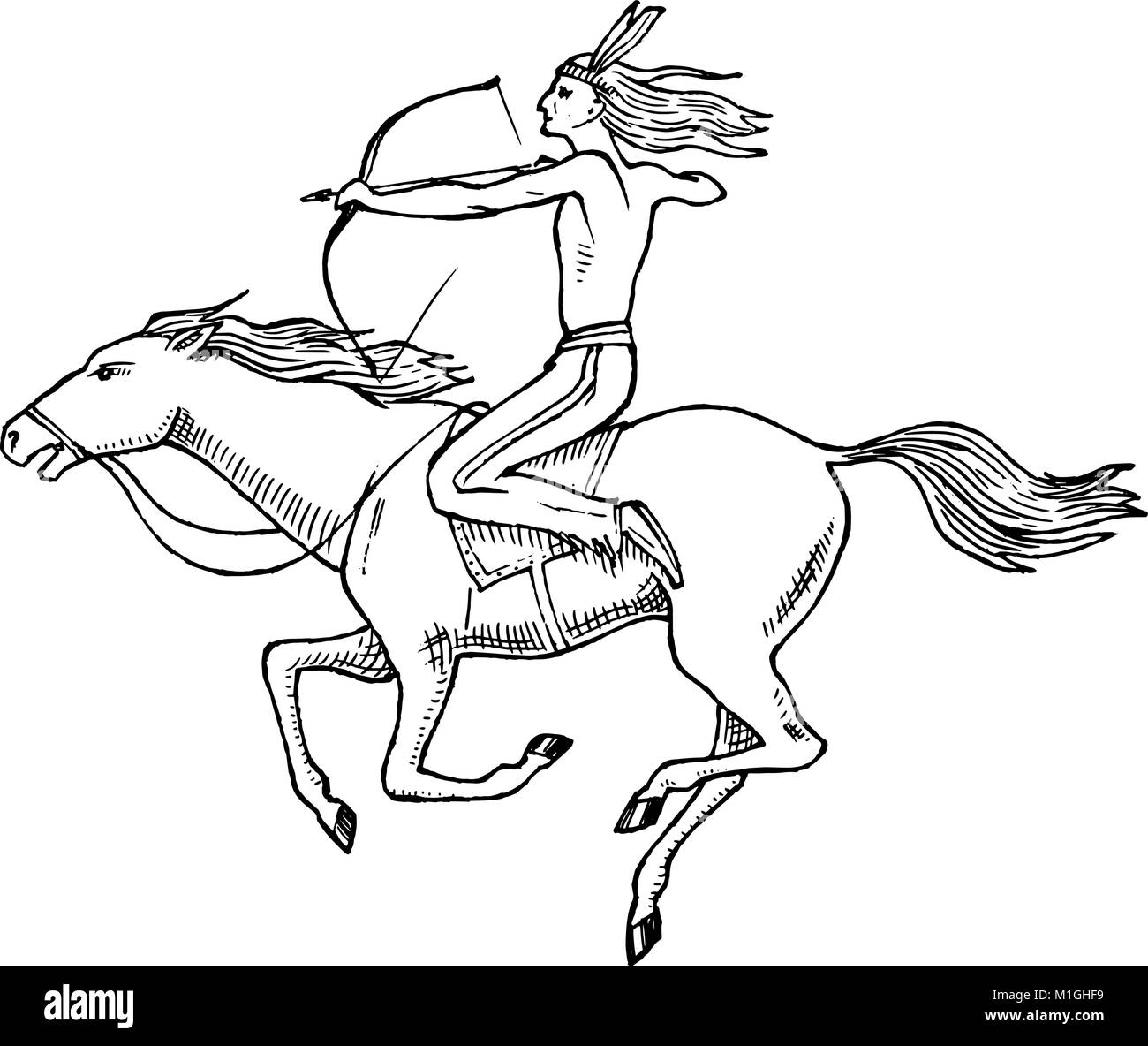 National American Indian équitation cheval avec lance à main.. l'homme traditionnel à la main gravée dans de vieux croquis. Illustration de Vecteur