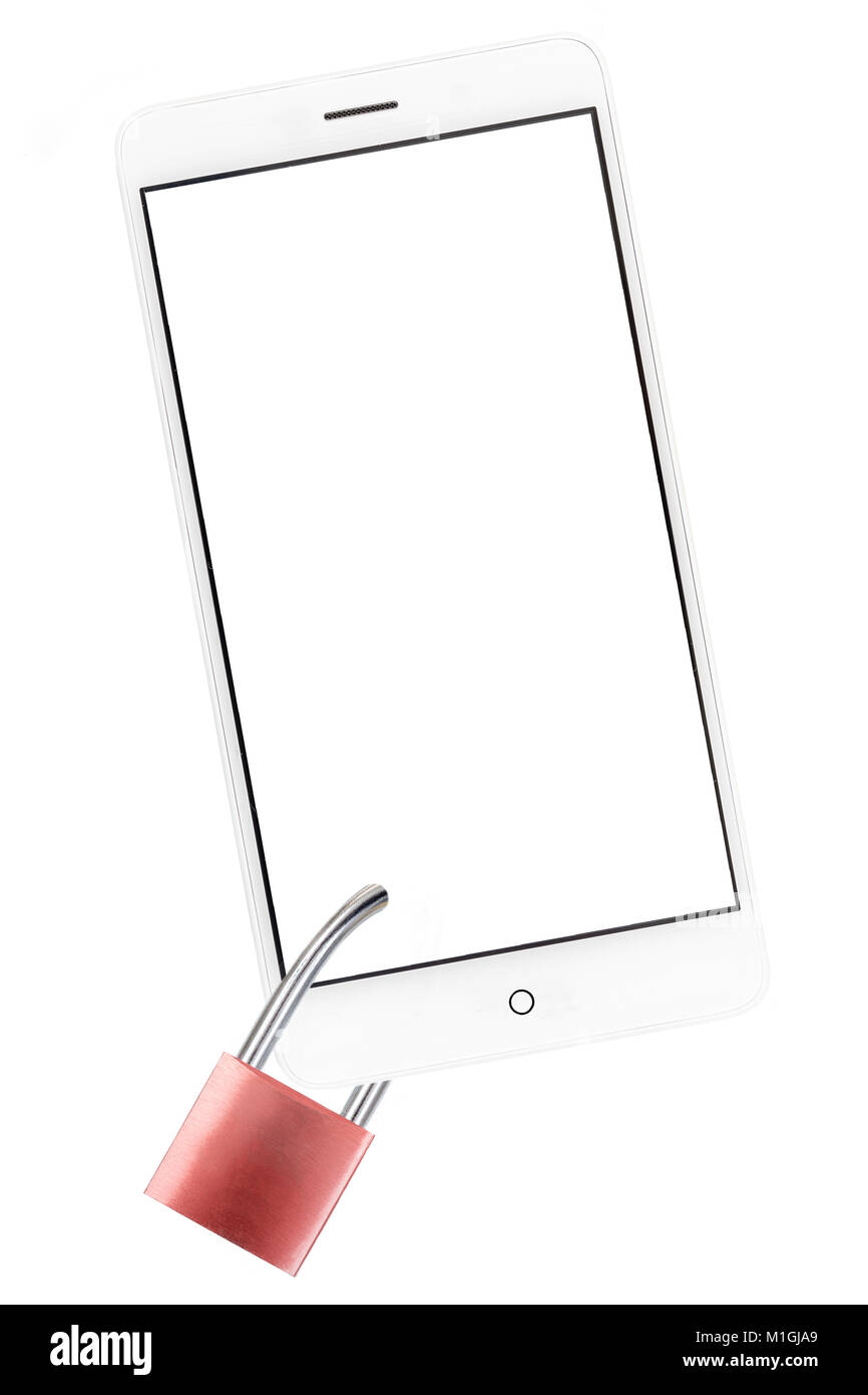 Message conceptuel de la toxicomanie smartphone danger : cren smartphone avec copier du texte avec un cadenas sur blanc Banque D'Images