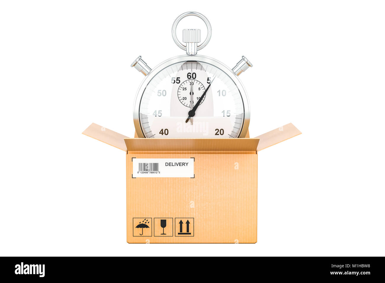 Livraison rapide concept, chronomètre à l'intérieur de la parcelle, rendu 3D isolé sur fond blanc Banque D'Images