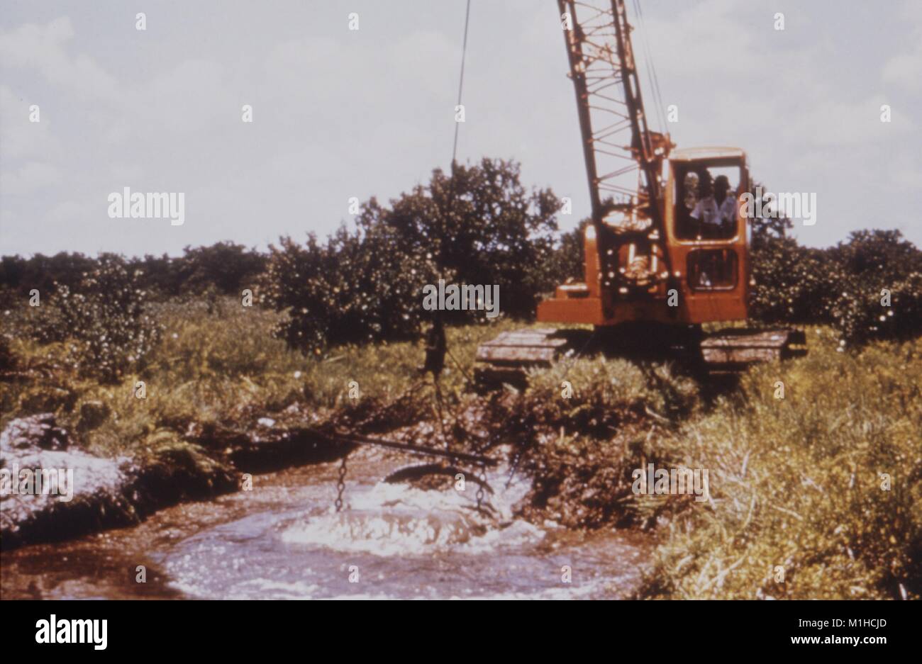 Photographie d'une dragline nettoyer les débris d'une piscine d'eau accumulée dans un canal de drainage au milieu de la végétation, assurer la circulation de l'eau et le contrôle des inondations comme méthode de réduction des risques de maladies transmises par vecteur, 1976. Image courtoisie CDC. () Banque D'Images Photographie d'une dragline nettoyer les débris d'une piscine d'eau accumulée dans un canal de drainage au milieu de la végétation, assurer la circulation de l'eau et le contrôle des inondations comme méthode de réduction des risques de maladies transmises par vecteur, 1976. Image courtoisie CDC. () Banque D'Images