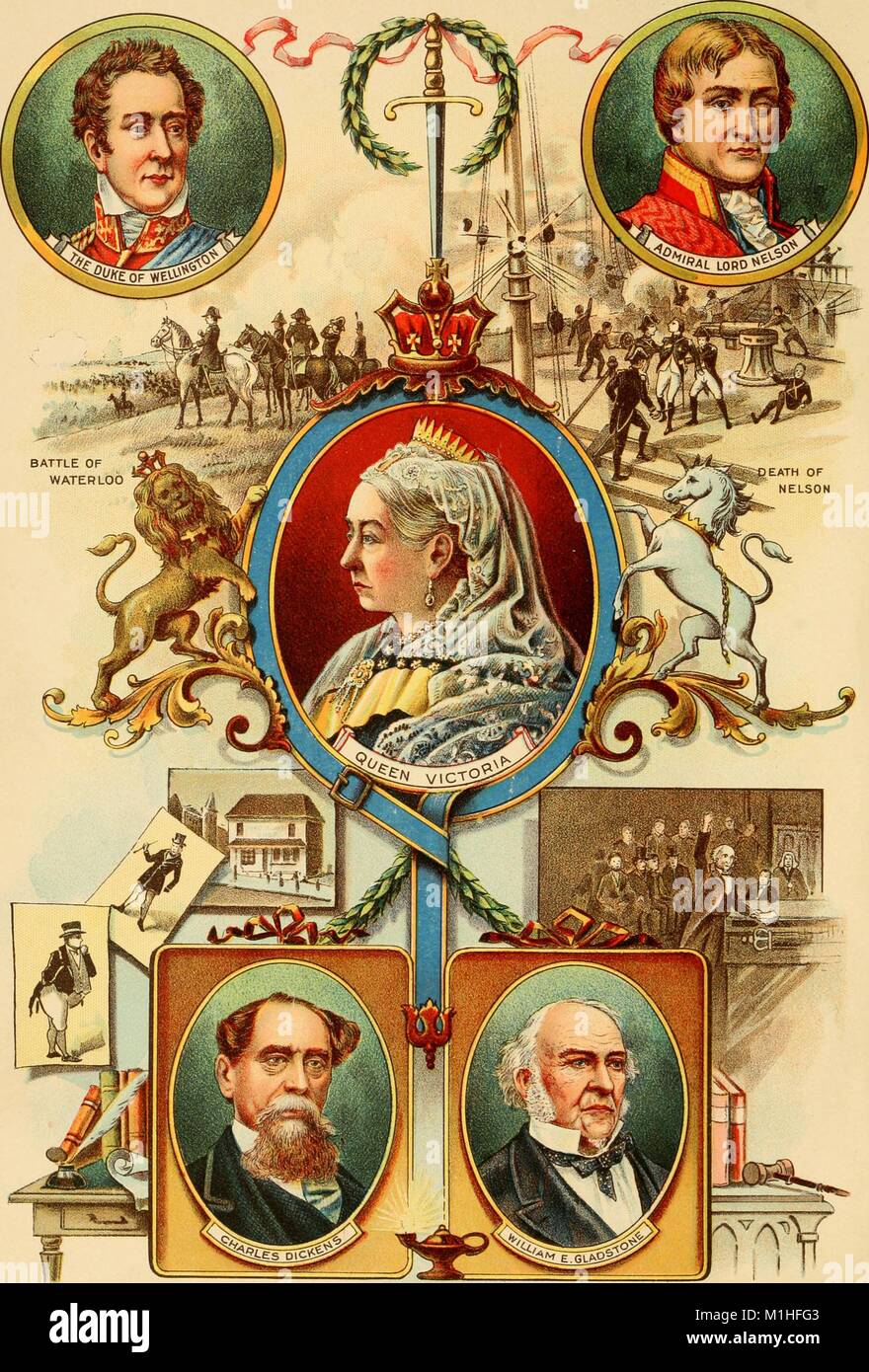 Illustration couleur de style camée cinq cartouches avec face coups de chiffres britanniques célèbres de l'époque victorienne, notamment la reine Victoria, le duc de Wellington, l'Amiral Lord Nelson, Charles Dickens et William E. Gladstone, situé sur un arrière-plan montrant les événements historiques liés à chaque personne, à partir de la 'volume plus grand siècle de l'histoire du monde, contenant un graphique complet et compte des conquêtes admirables de cent ans, y compris les grandes batailles et conquêtes, la montée et la chute des nations, la croissance extraordinaire et le progrès de l'United States .. etc etc, ' écrit par Hen Banque D'Images