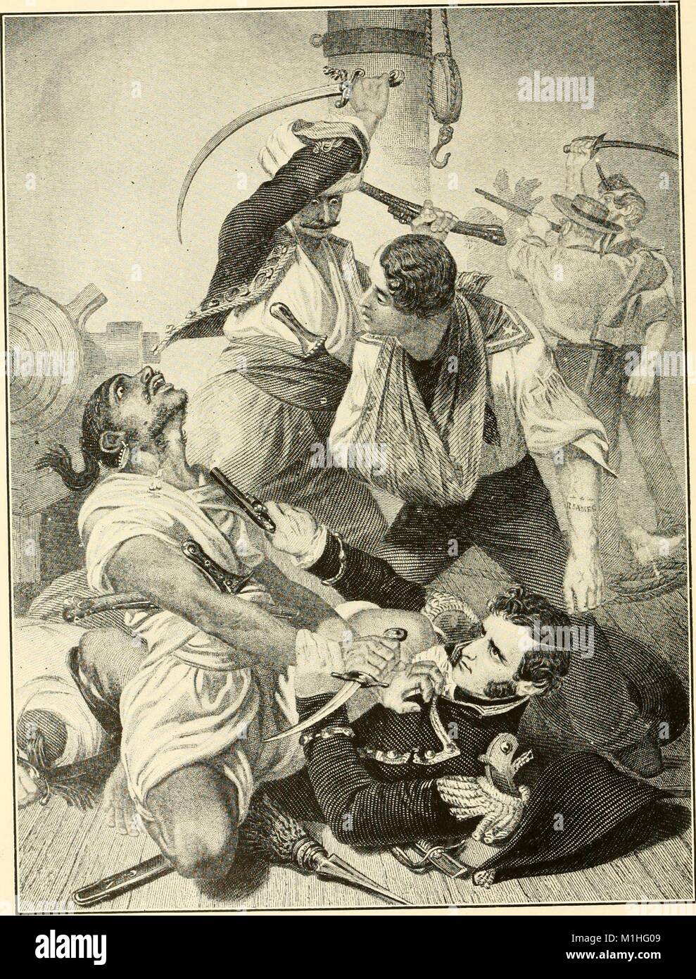 Illustration noir et blanc, sous-titrées "ecatur Algernine du conflit avec la ' à Tripoli, représentant une bataille entre le commodore Stephen Decatur Naval américain et les hommes des forces de l'Algérie, où les opposants ont des fusils et des épées sur le pont d'un navire avec mât en arrière-plan, à partir de la ' l'auxiliaire d'accueil et de référence pour les enseignants et les étudiants, la direction de William Lewis ' Neill, 1915. () Banque D'Images