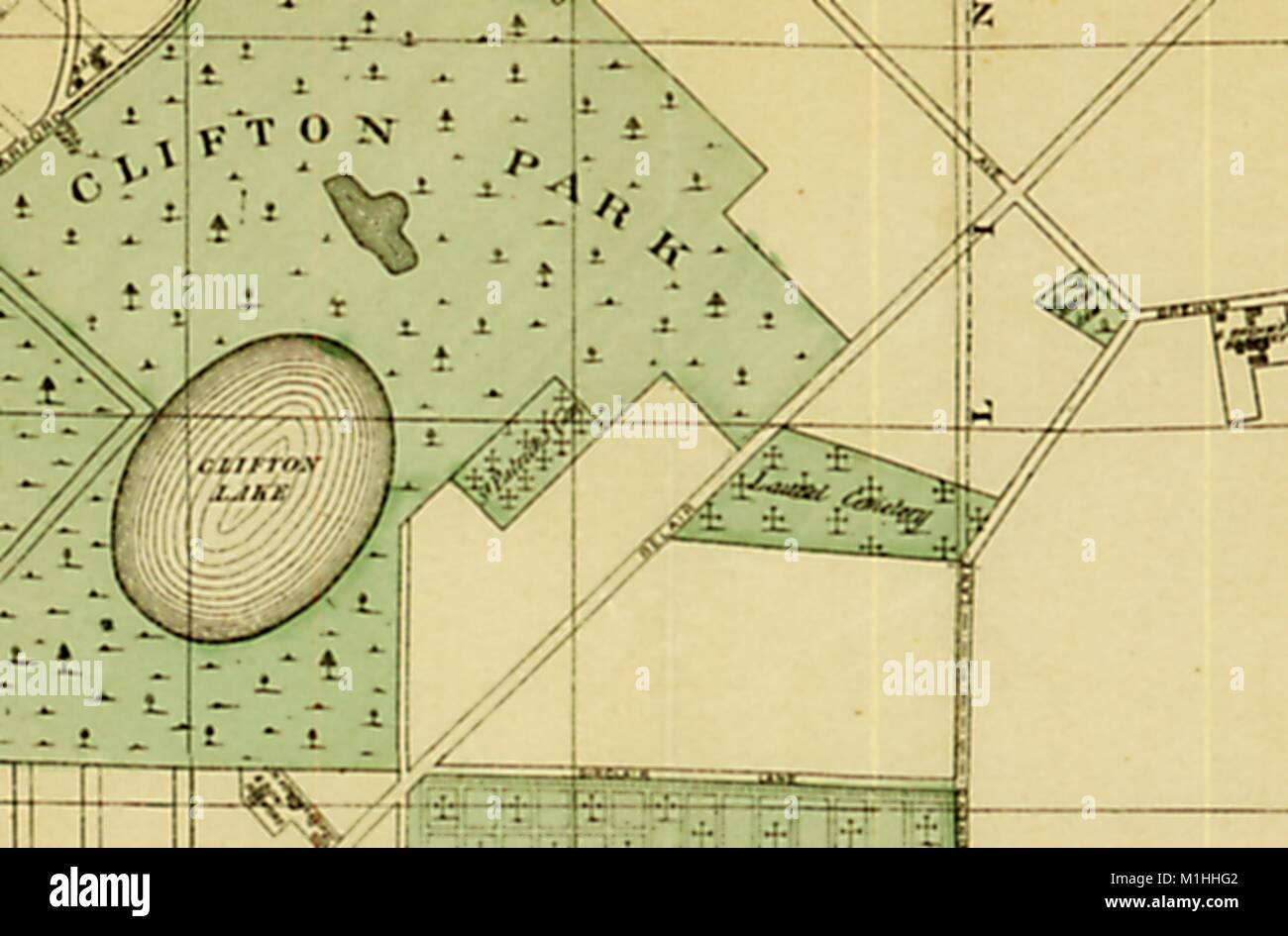 Vue détaillée de la carte du quartier BelAir de Baltimore, Maryland montrant Clifton Park et Laurel Cimetière, 1888. () Banque D'Images
