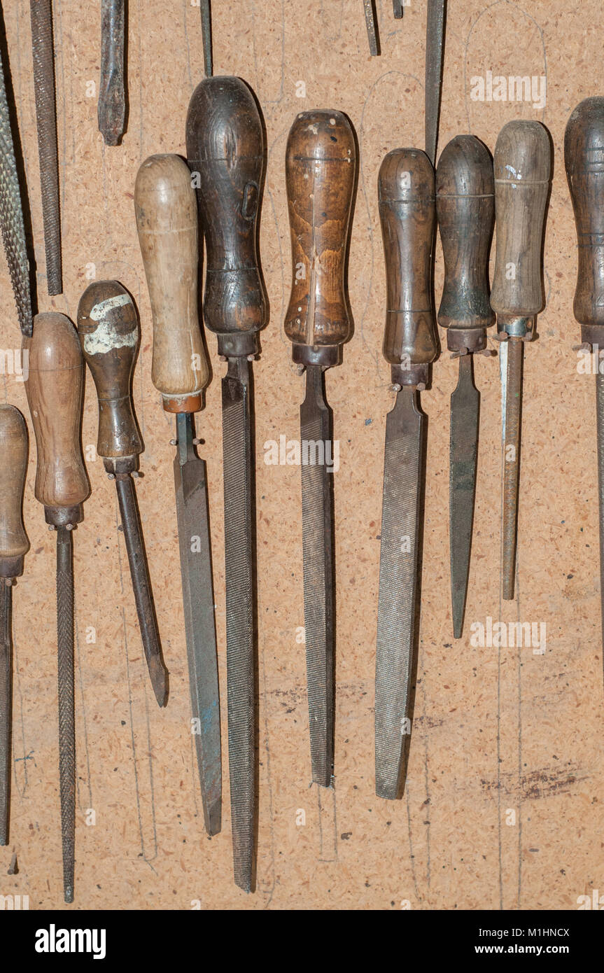 Carpenter fichiers avec poignée en bois Banque D'Images