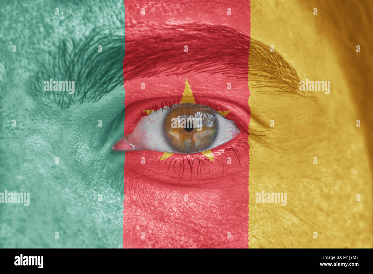 Visage humain et des yeux peints avec un drapeau du Cameroun Banque D'Images