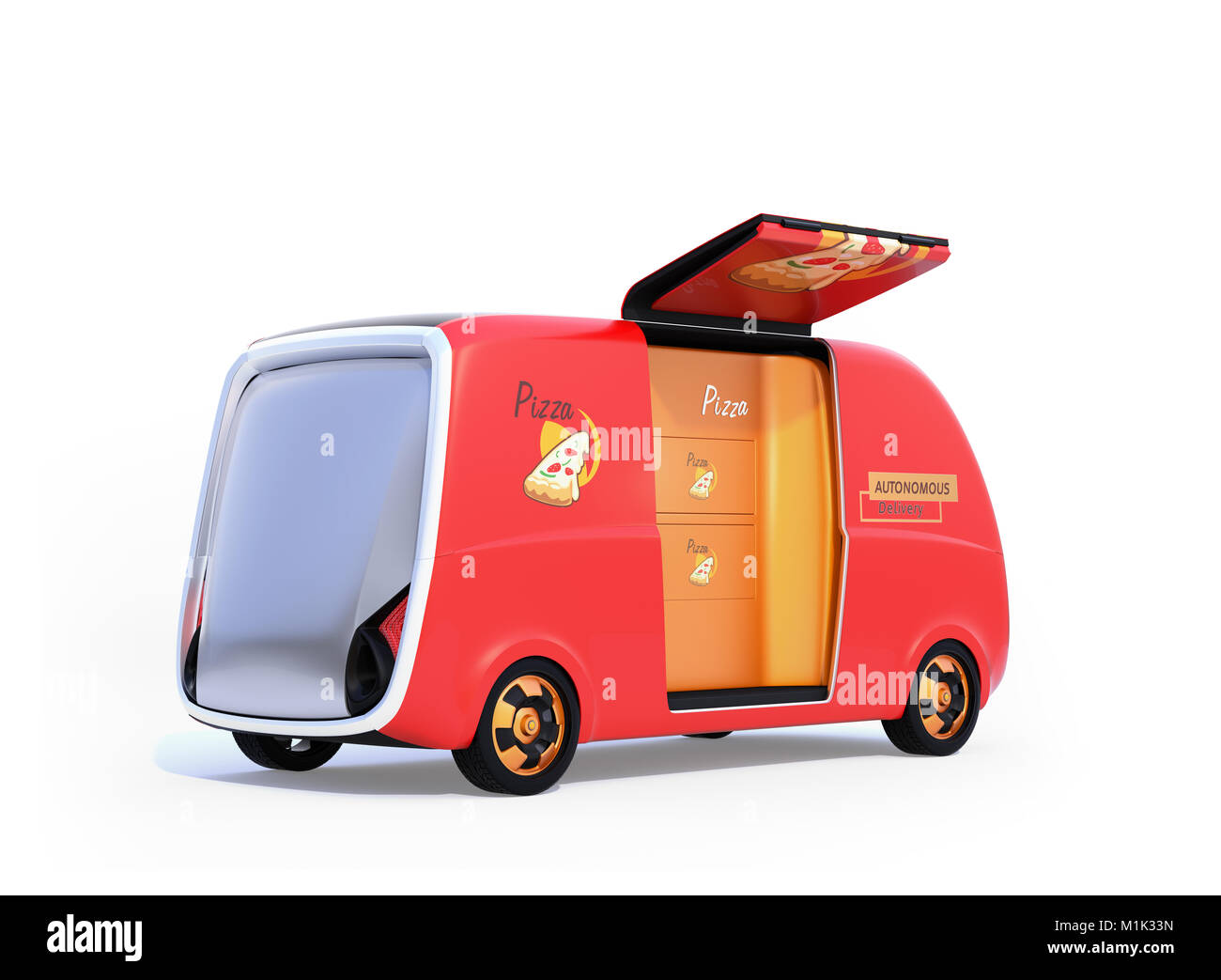 L'auto-Conduite de livraison de pizza van isolé sur fond blanc. Dernier mile concept. Le rendu 3D image. Banque D'Images