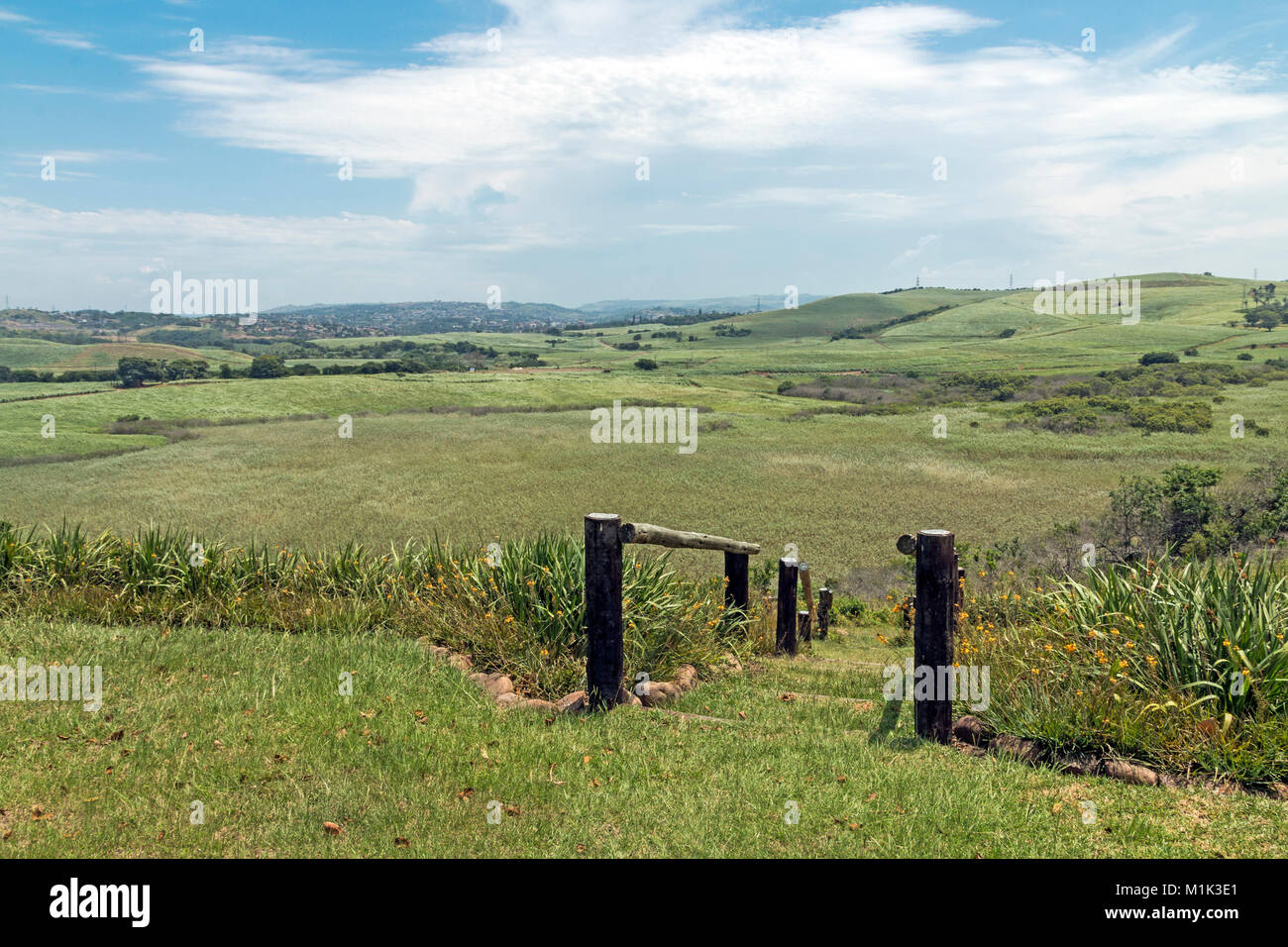 Poteau en bois clôturé barrière , allée de la végétation verte et les plantations de canne à sucre contre Durban lointain horizon bleu nuageux au Mont Moreland Banque D'Images