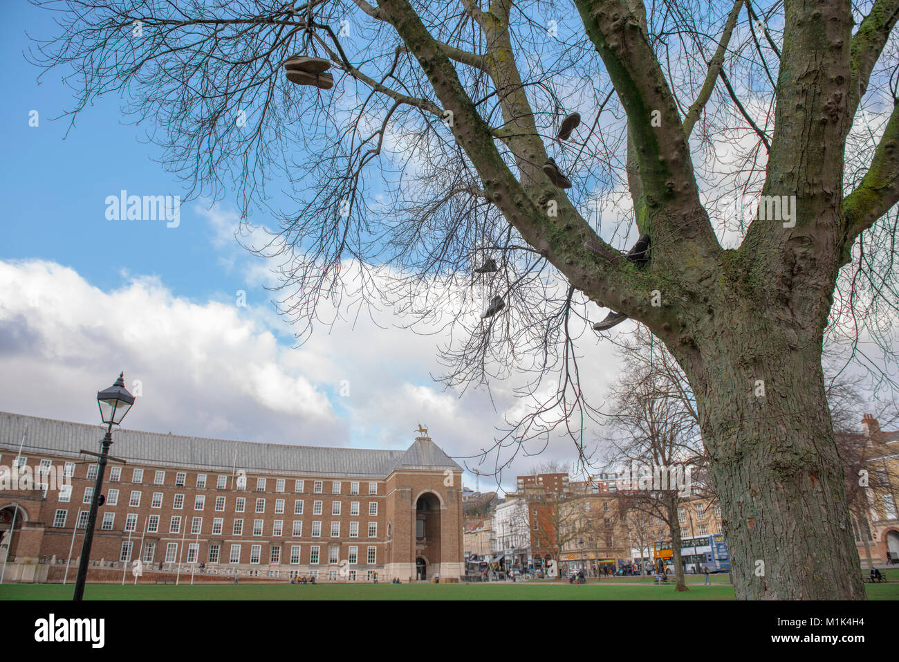 Une vue de la Bristol City Council du collège Green, près de la cathédrale, avec l'arbre de la chaussure et d'un réverbère, vivid blue sky and clouds Banque D'Images