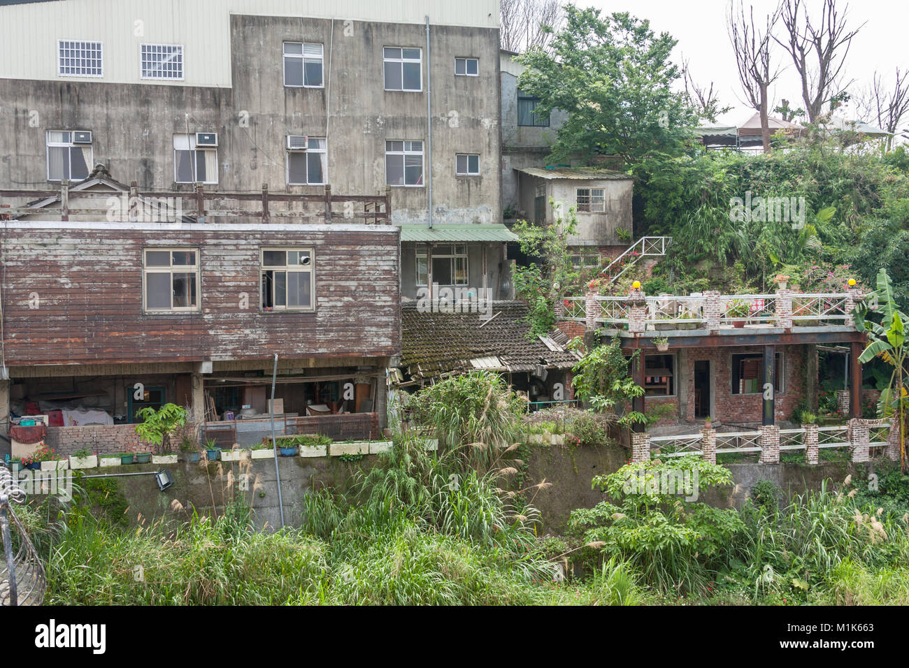 La végétation et les propriétés à côté de la rivière près de Xishuikeng flux rocheux Le Tofu Street, Tai'an Township, comté de Miaoli, Taiwan Banque D'Images