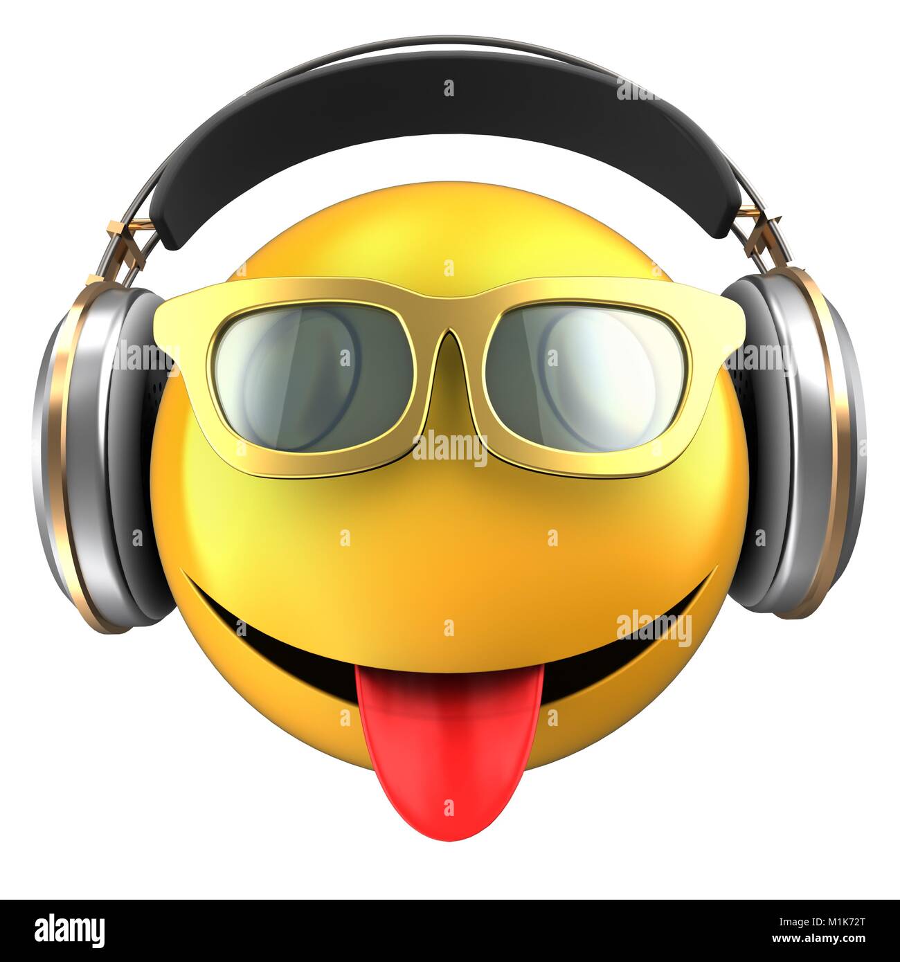 3d illustration d'émoticône sourire jaune avec un casque sur fond blanc Banque D'Images