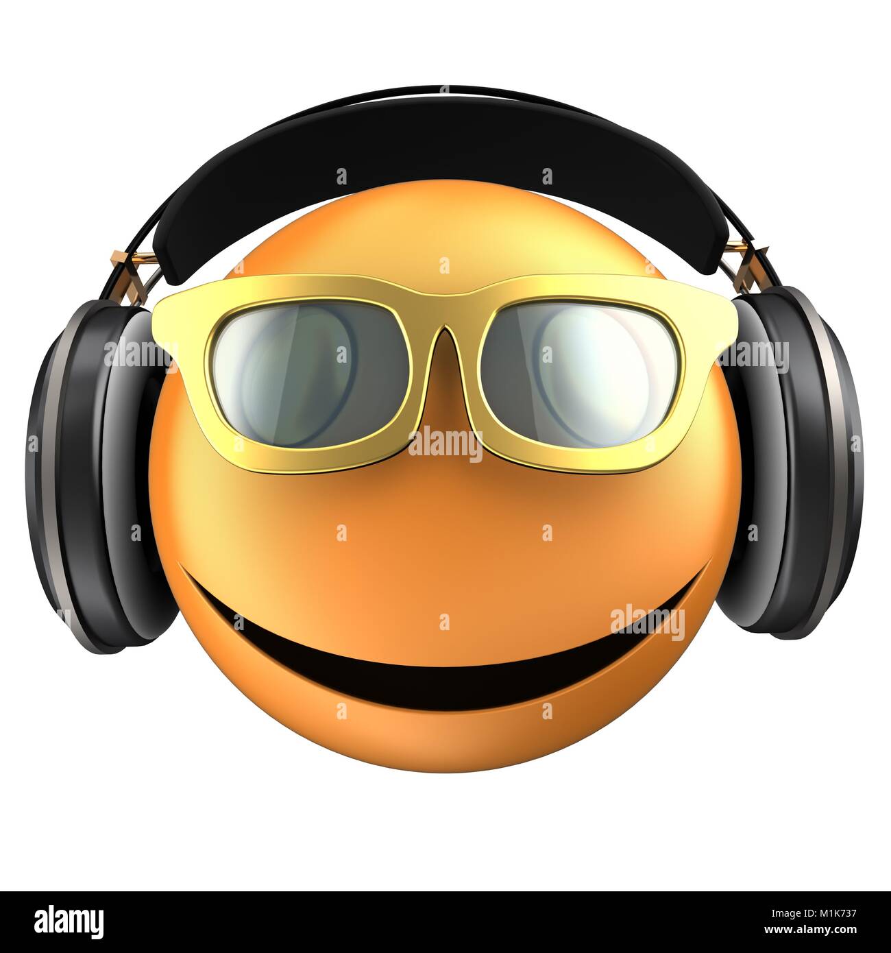 Illustration 3d d'orange émoticone sourire avec un casque noir sur fond blanc Banque D'Images