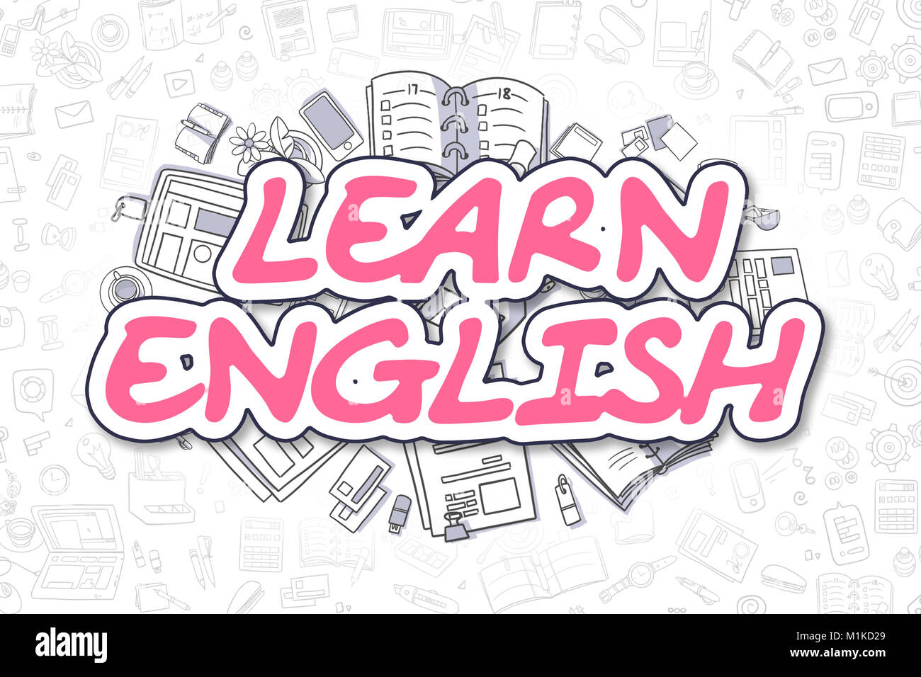 Apprendre l'anglais - Caricature texte magenta. Concept d'entreprise. Banque D'Images