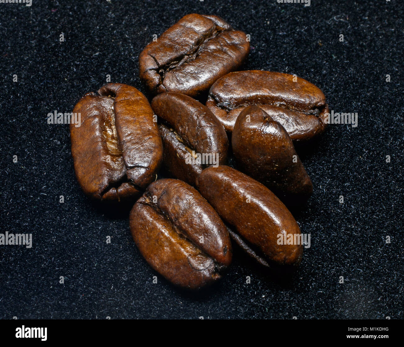 Les grains de café torréfiés sur fond noir. Banque D'Images