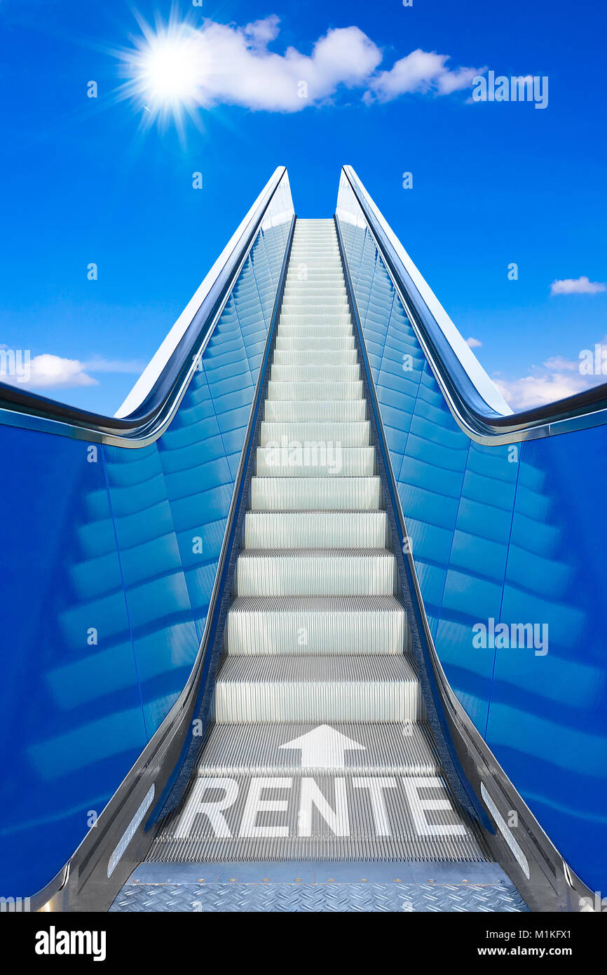 Escalator dans un ciel bleu, concept de réalisation, texte allemand, rente de retraite ou de pension sens Banque D'Images