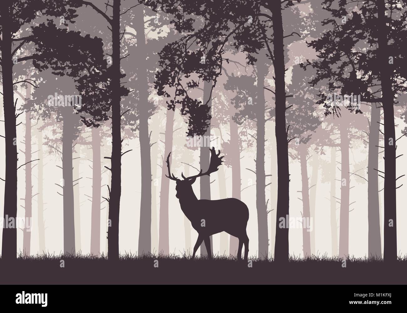 Une forêt de conifères rétro avec une silhouette d'un daim - vector Illustration de Vecteur