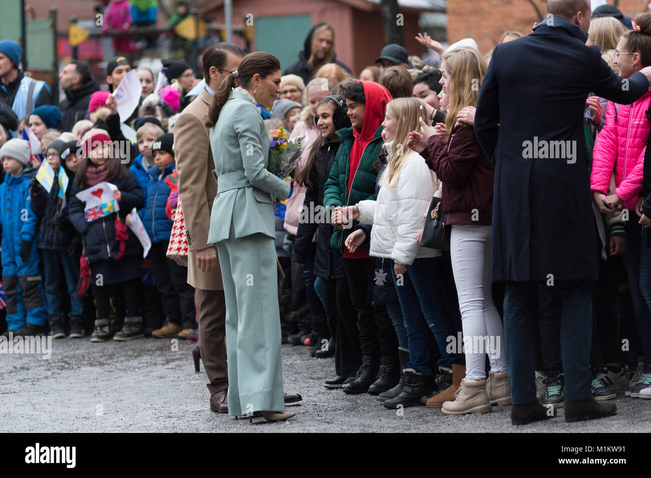 Stockholm, Suède, le 31 janvier, 2018. Le duc et la duchesse de Cambridge's Tour de Suède 30th-31th janvier,2018. À son Mattesusskolan - Matteus École./Alamy Live News Banque D'Images