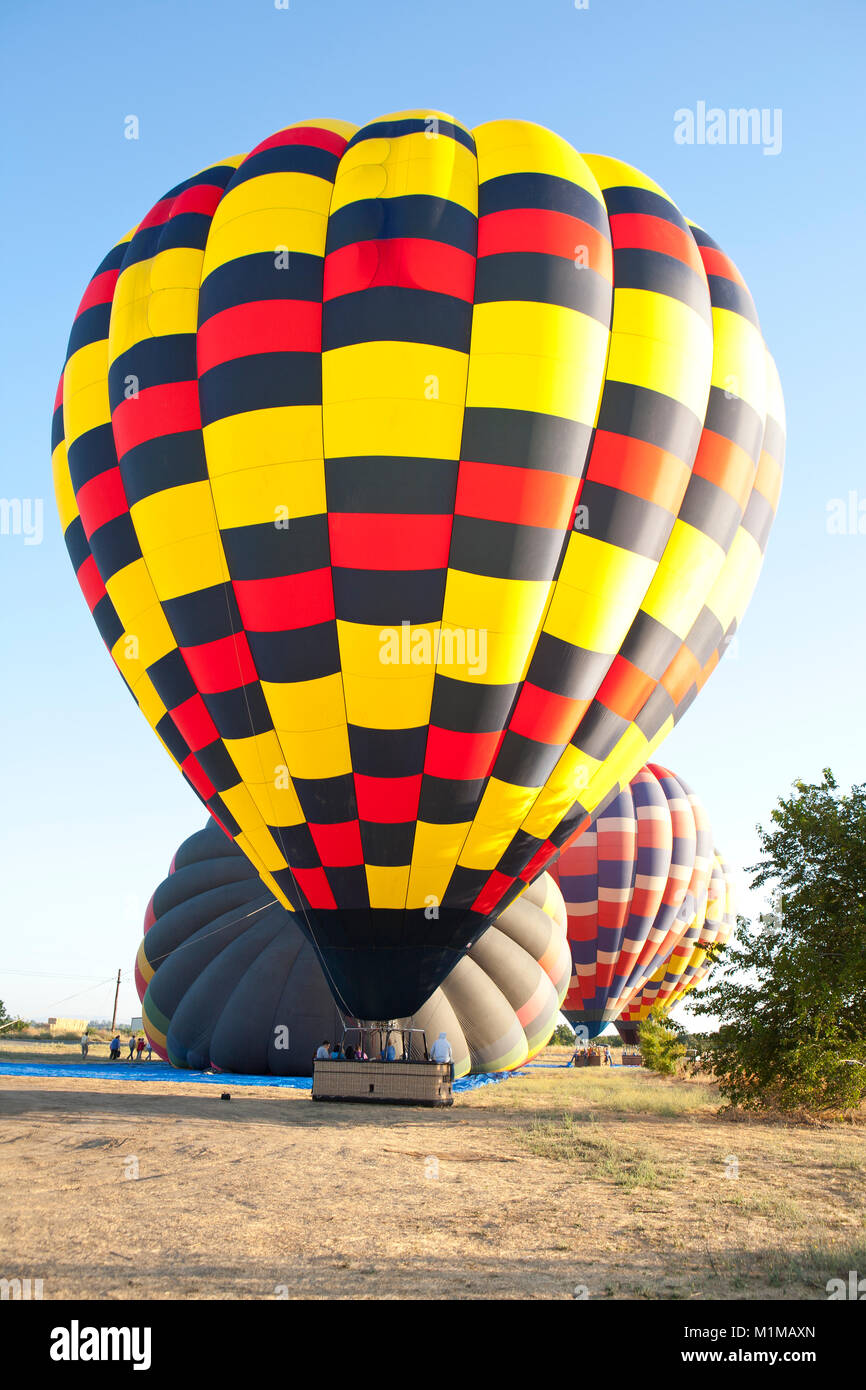 Montgolfières en vol avec des couleurs vibrantes contre tôt le matin, ciel bleu Banque D'Images