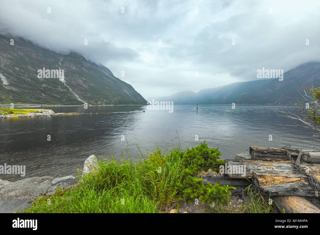 Temps de brouillard sur l'Eidfjorden, fjord en Norvège, Scandinavie, village Eidfjord Banque D'Images