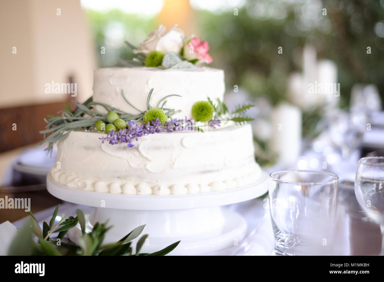 Close-up d'un gâteau de mariage à une réception de mariage Banque D'Images