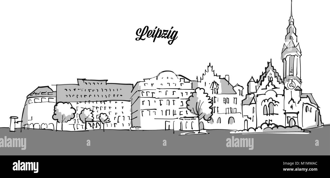 Panorama de Leipzig avec croquis esquisse vecteur Bannière Footer gris Illustration de Vecteur