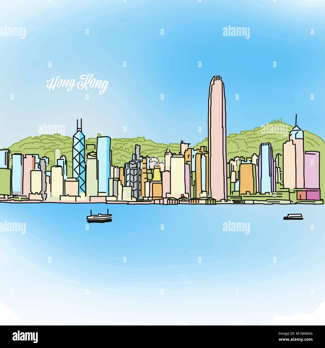 Hong Kong Panorama couleur bannière. Carte de Vœux pour la mise en page et Design de bannières. Croquis de Marketing Illustration de Vecteur