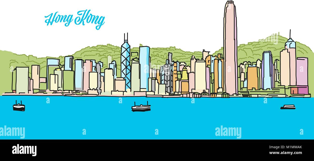 Hong Kong Skyline couleur bannière. Carte de Vœux pour la mise en page et Design de bannières. Croquis de Marketing Illustration de Vecteur