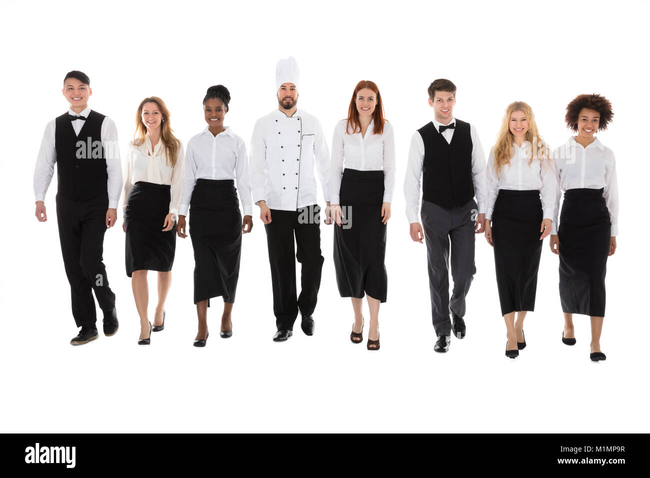 Portrait de Professionnels du personnel du restaurant La Marche contre fond blanc Banque D'Images