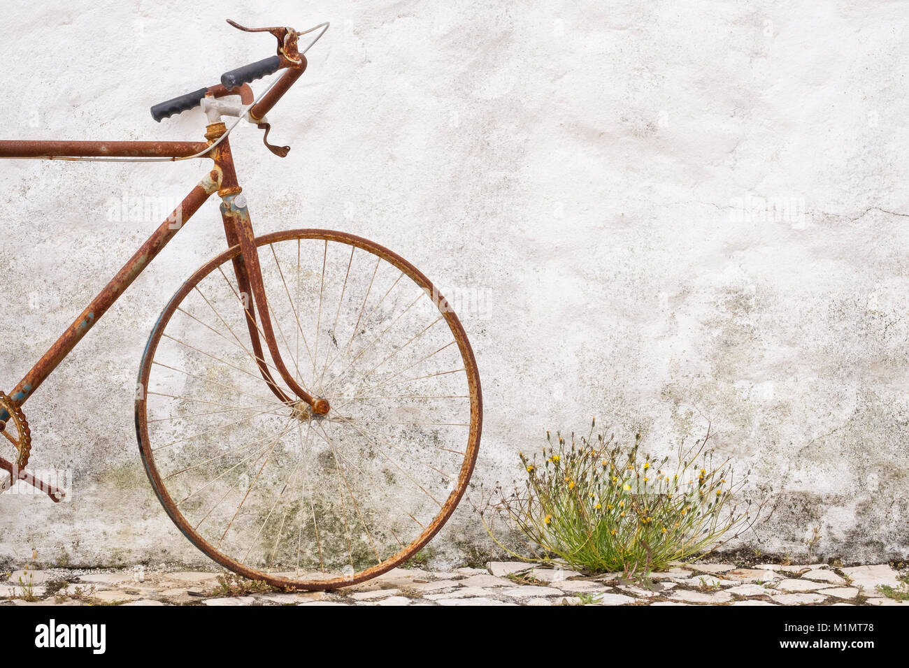 Détail d'une vieille bicyclette abandonnée rouillée, adochée à un mur de pierre Banque D'Images